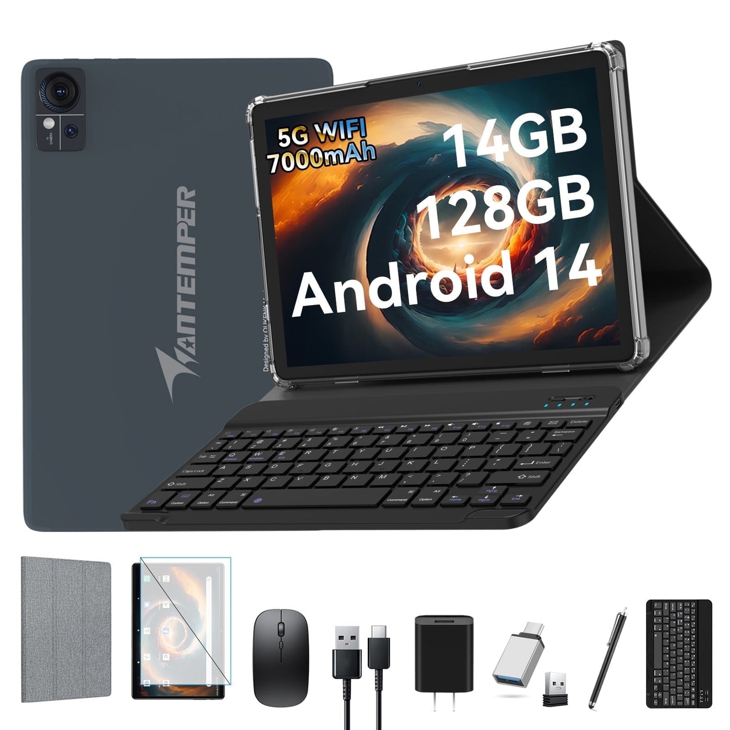 10.1 inch Android 14 Tablets with Keyboard Mouse, 14GB+128GB Storage, Unisoc T606 CPU, 8000mAh, 2 Speakers, 5G WiFi+4G LTE, 13MP +8MP Dual Camera