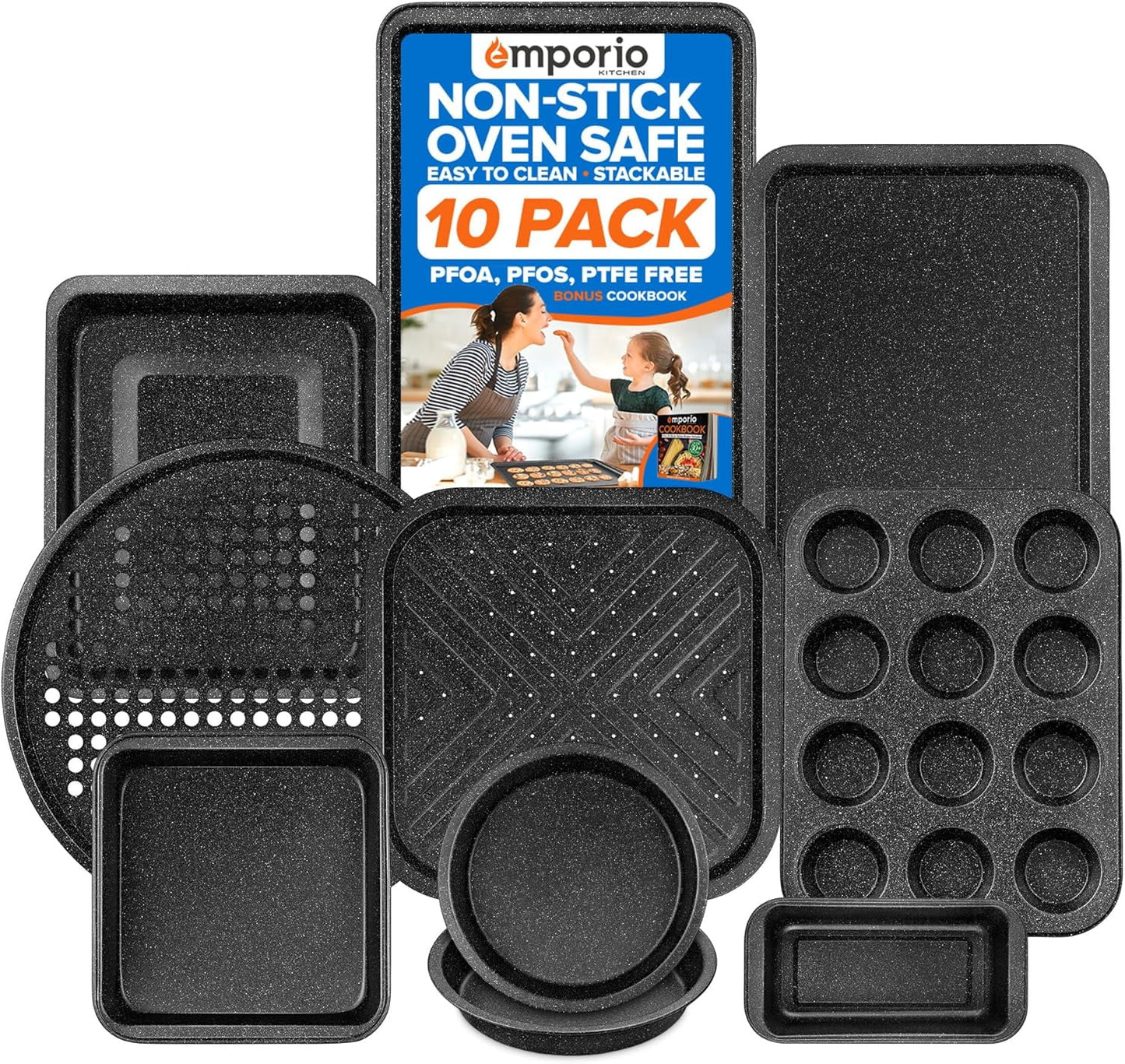 Juego de 10 Piezas de Moldes para Hornear Apilables Antiadherentes – Utensilios para Hornear de Acero Al Carbono con Mármol Gris, Aptos para Horno hasta 450°F, con Folleto de Recetas