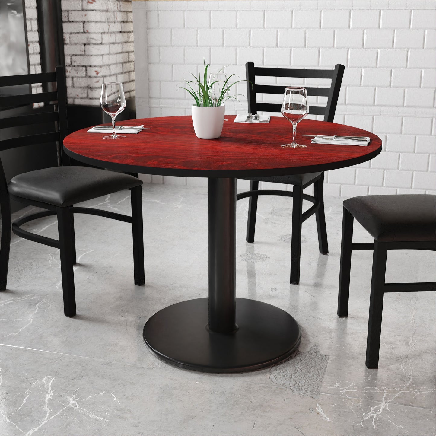 Flash Furniture Mahogany Round Contemporary/Modern Wood veneer Dining Table, with Black Finish and Metal Pedestal Base 42-in L x 31.13-in H