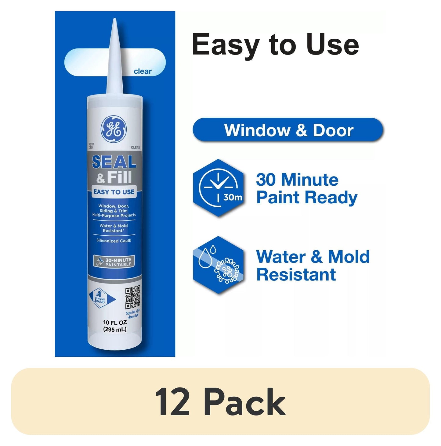 (12 pack) GE Seal And Fill Multipurpose Window & Door, Pack of 1, Clear 10 fl oz Cartridge