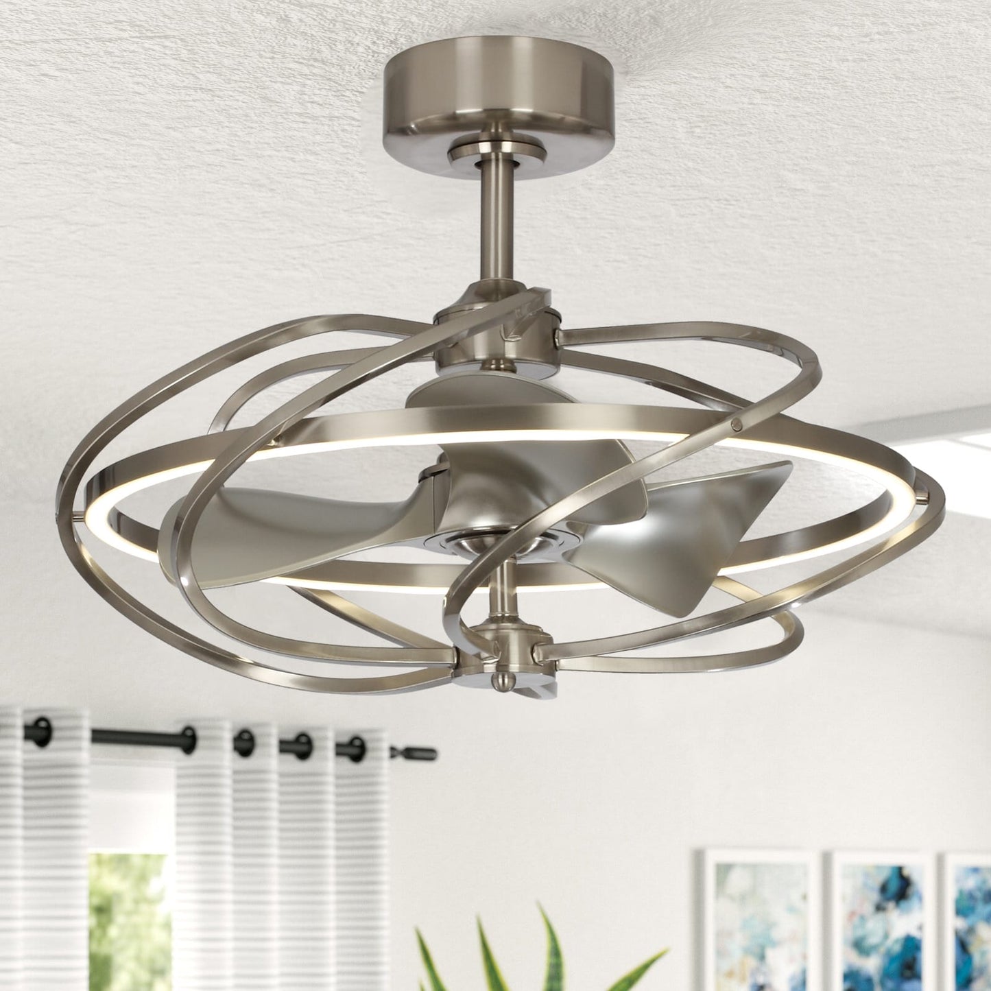 Parrot Uncle 27.0-in Integrated LED Satin Nickel with Satin Nickel Blades Fandelier Ceiling Fan With Light - Remote Included ( 3.0 -Blade ) 1695339