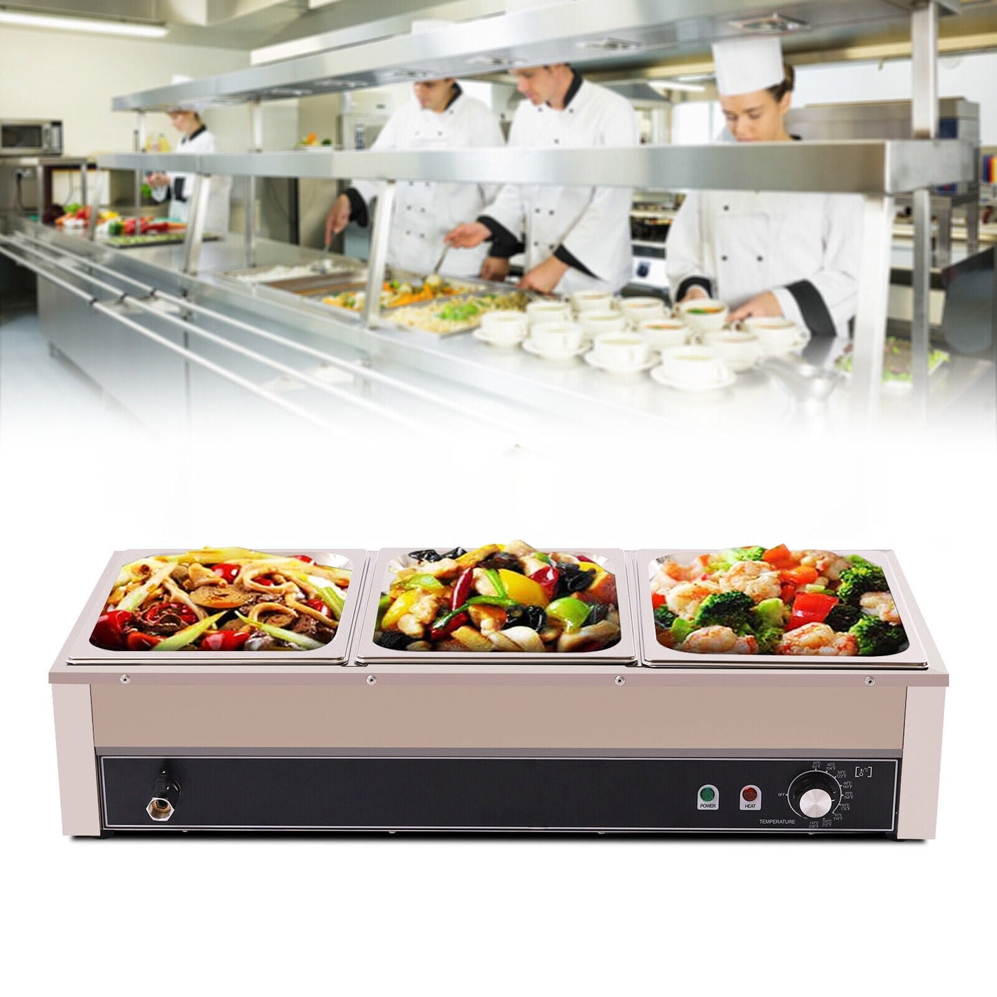 1500W Commercial Food Warmer Steam Table Buffet Server Countertop 3-Pan Stainless Steel