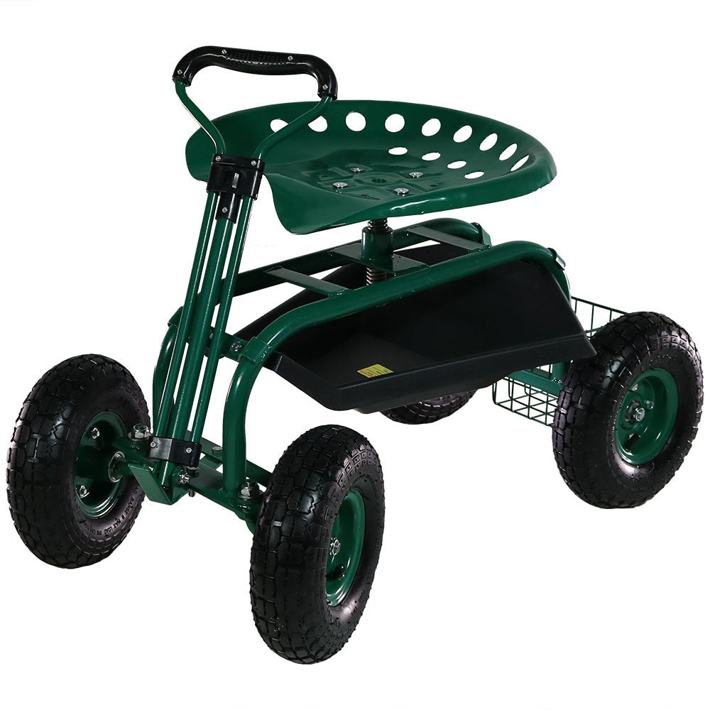 Sunnydaze Decor Green Steel Garden Cart with Adjustable Height Seat and Utility Basket - 330 lb. Weight Capacity QH-ESRC991-GN