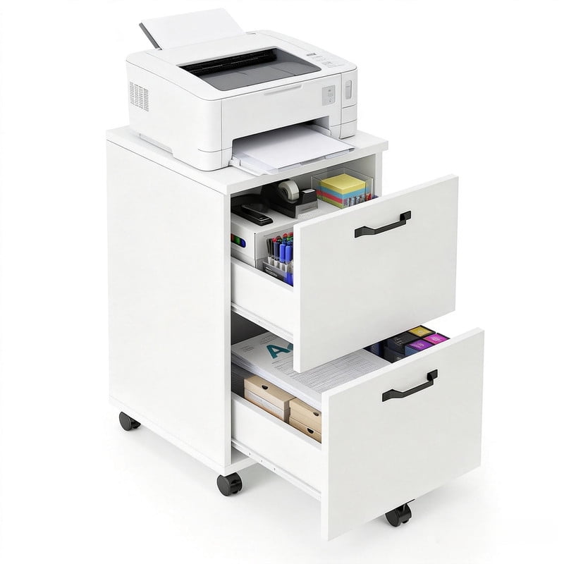 2 Drawer Filing Cabinet, Wood Rolling Filing Cabinets with Printer Stand, Under Desk Storage Lockable Wheels, Home Office Organizer for A4 Letter Legal Size Documents,White