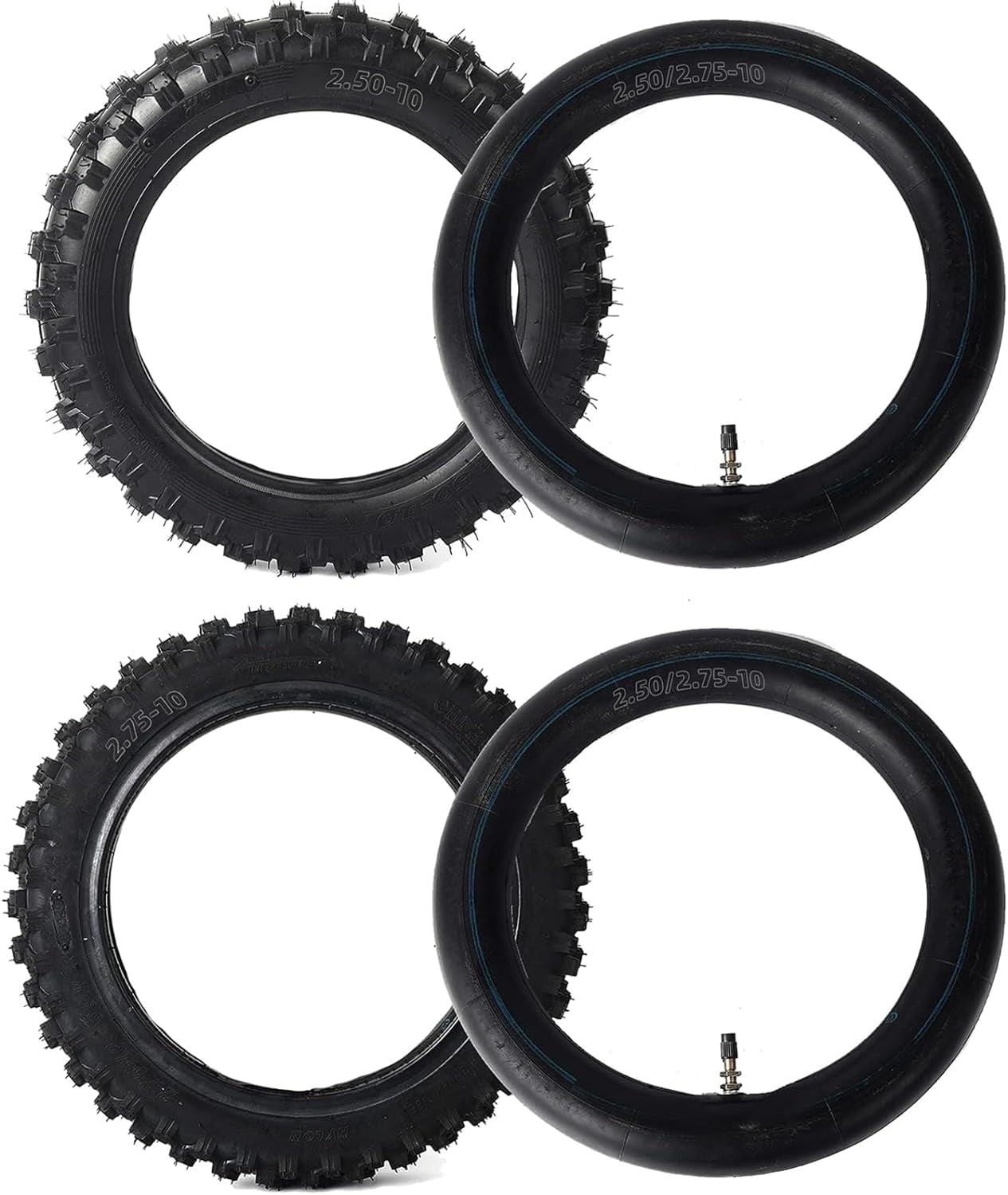 (2-Set) 2.50-10" and 2.75-10" Dirt Bike Tires and Inner Tubes - 2.50-10" Front and 2.75-10" Rear Upgrade Off-Road Tires and Tubes for CRF50 and JR50
