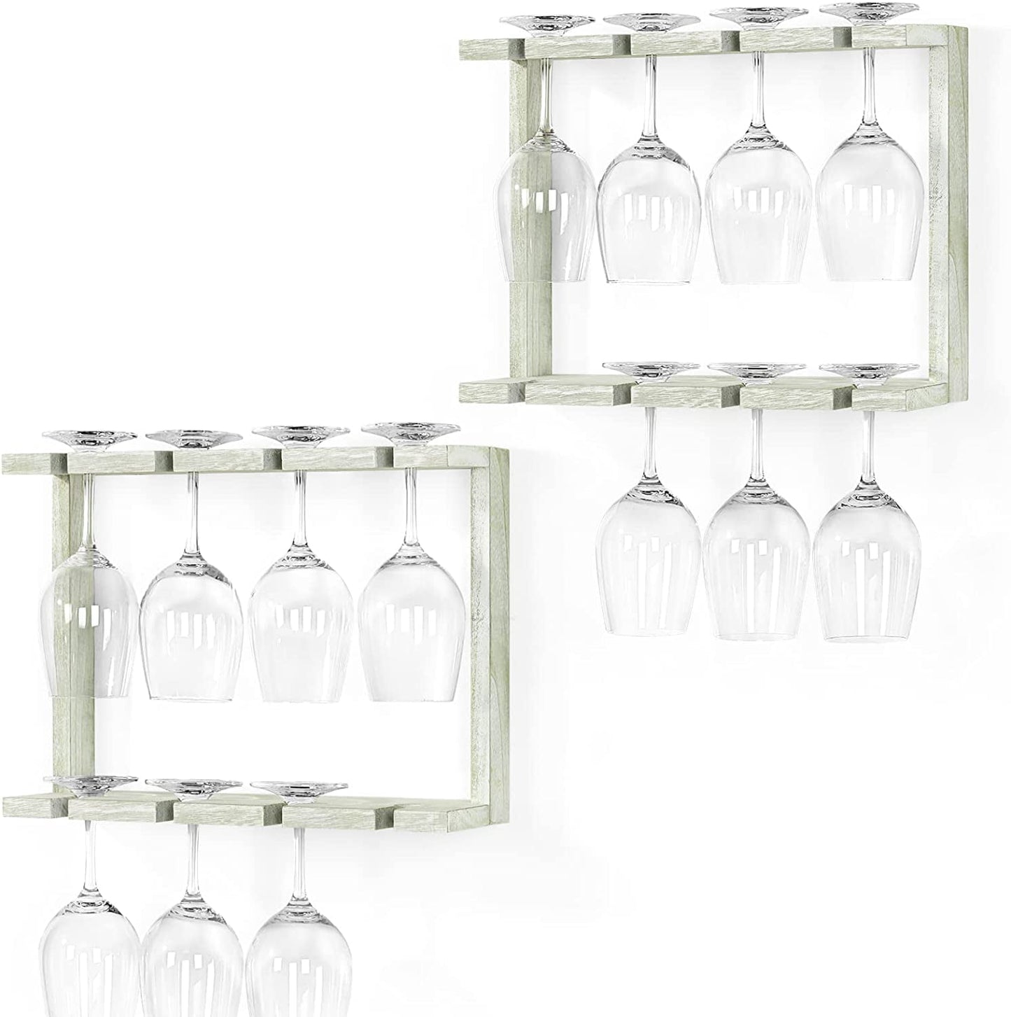 2 Tier Wall Mounted Wood Wine Glass Holder Rack, Set of 2, Gray Green