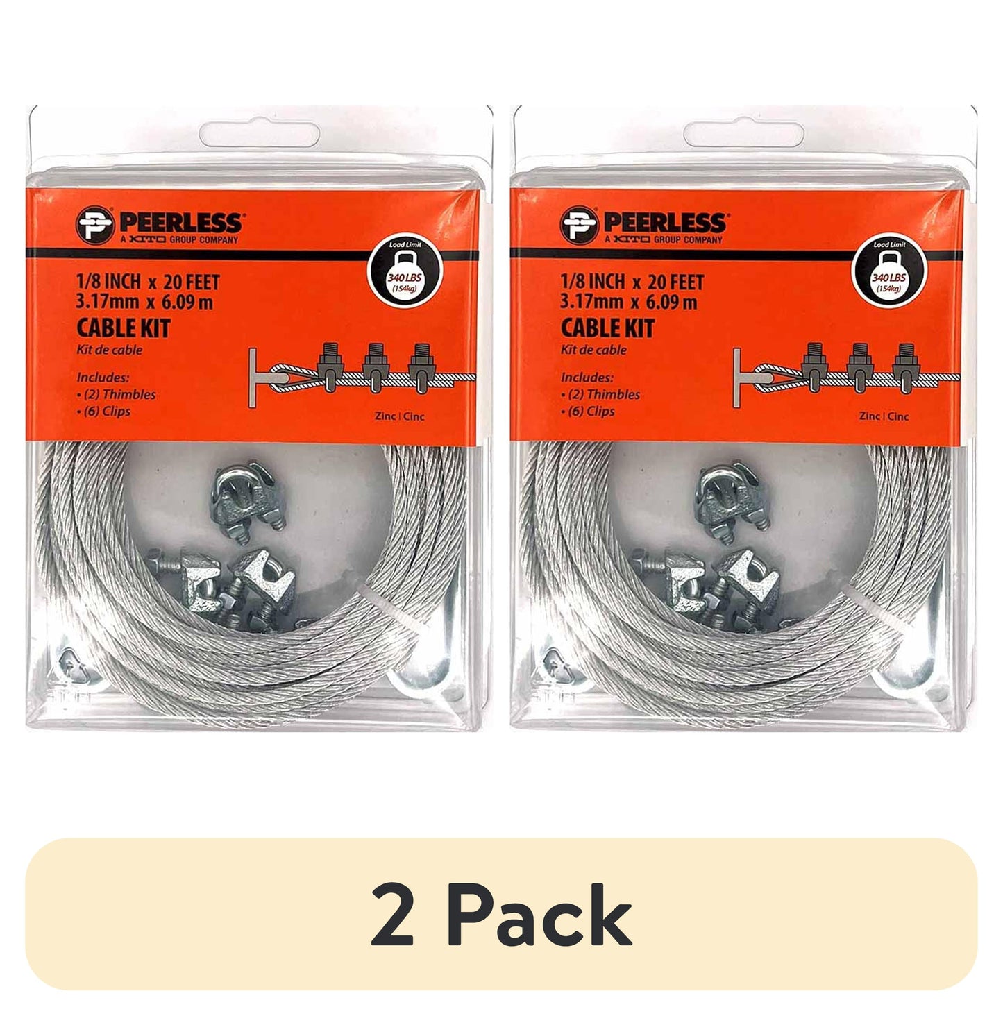 (2 pack) 1/8" Cable Wire Rope Kit with Clips and Thimbles, Galvanized Wire, Peerless Chain Company, 1/8-inch diameter, #4742520R