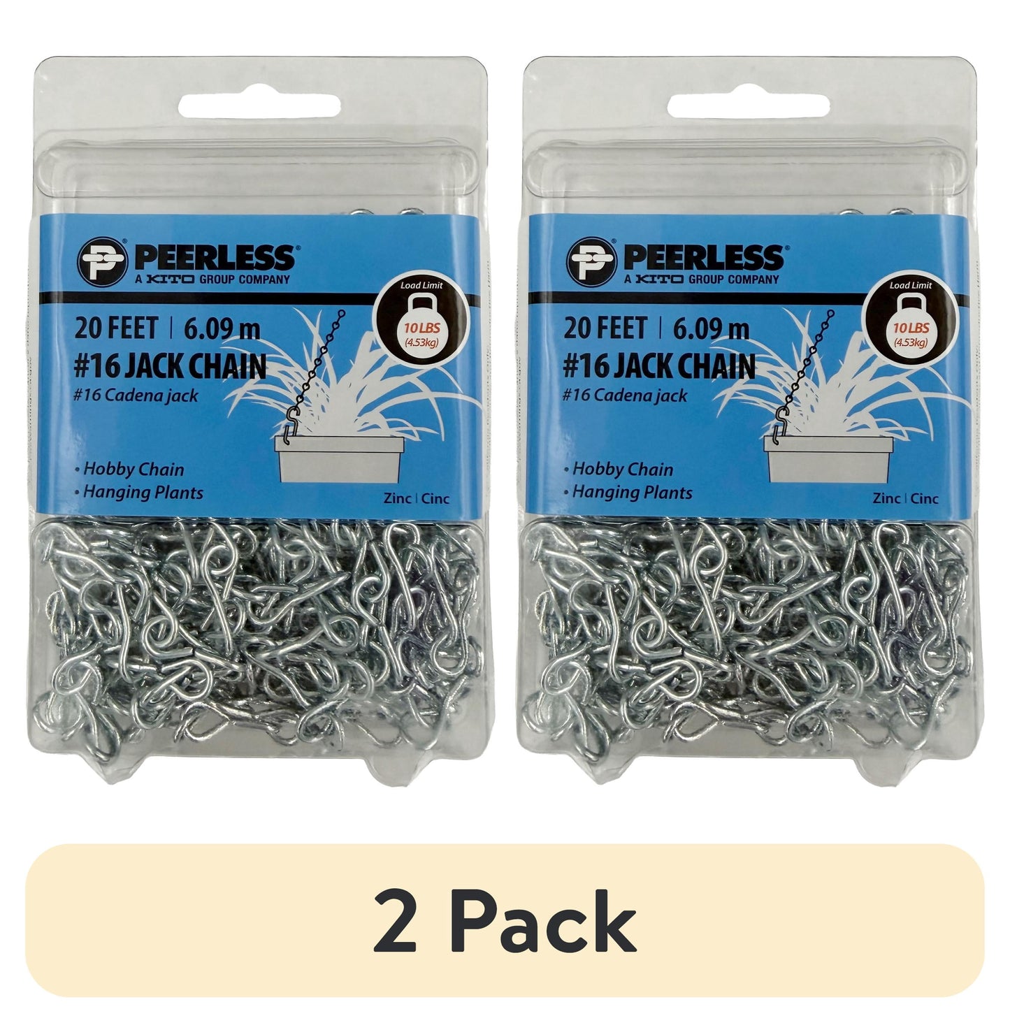 (2 pack) #16 Jack Chain, 20 feet, Zinc-Plated, Peerless Chain Company, #4840120,