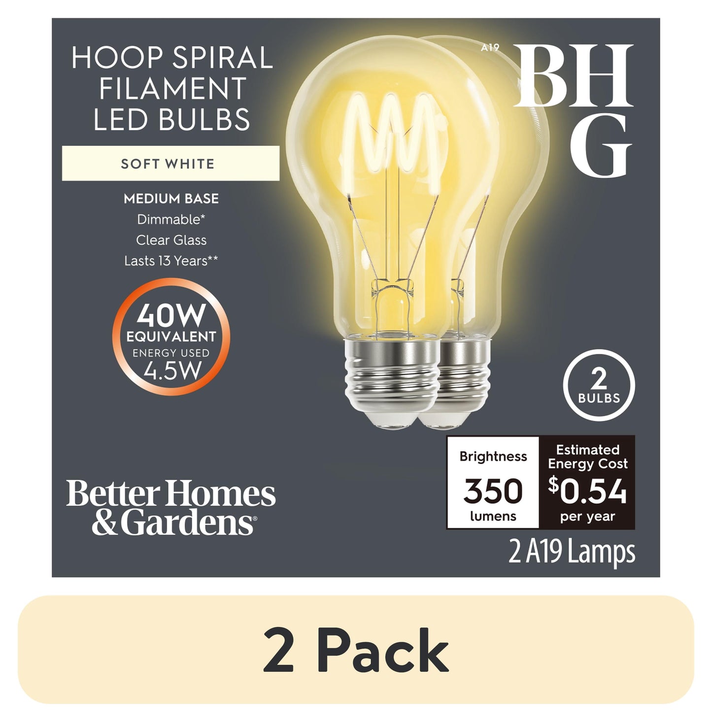 (2 pack) Better Homes & Gardens A19 LED Vintage Bulb 4.5W (40W Equivalent) Amber Glass E26 Dimmable 2-Pack