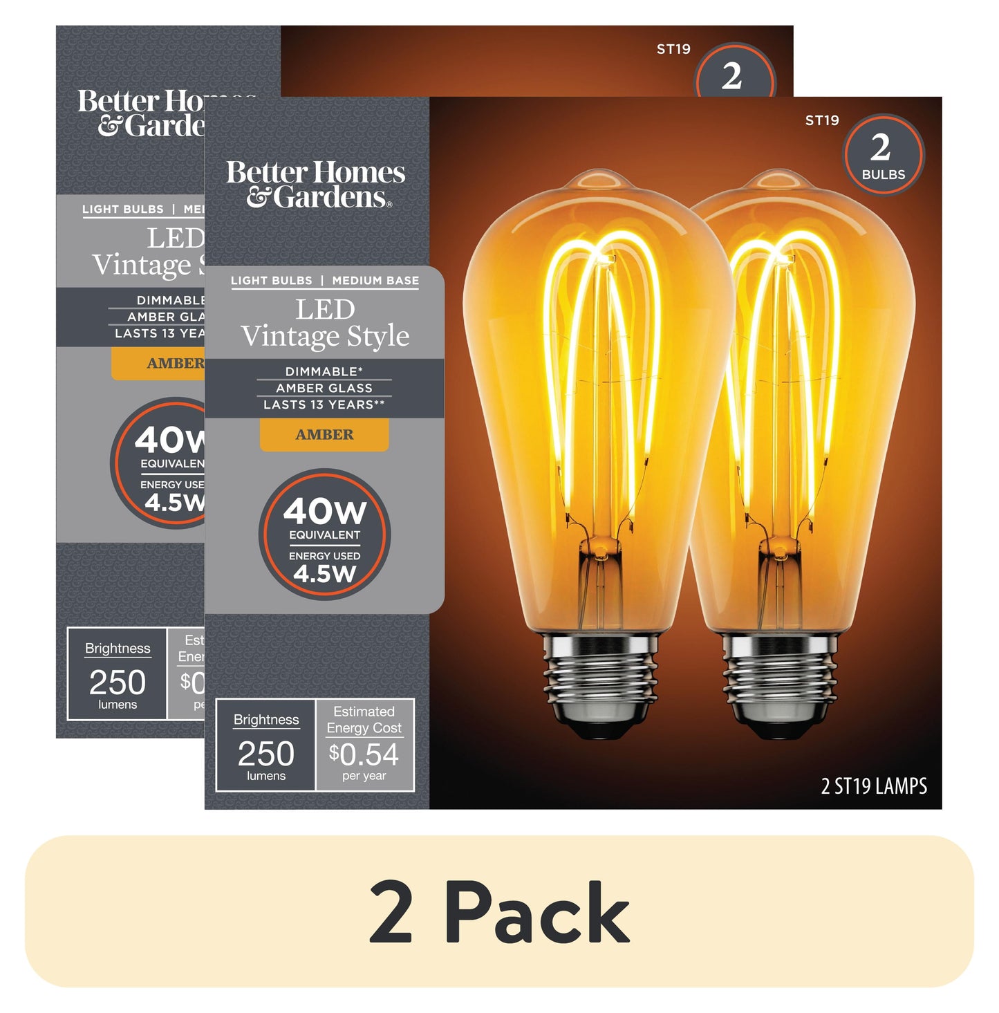 (2 pack) Better Homes & Gardens LED Vintage Light Bulb, ST19 40 W Eqv, Amber Double Hoop Filament, E26, Dim - 2 Pk