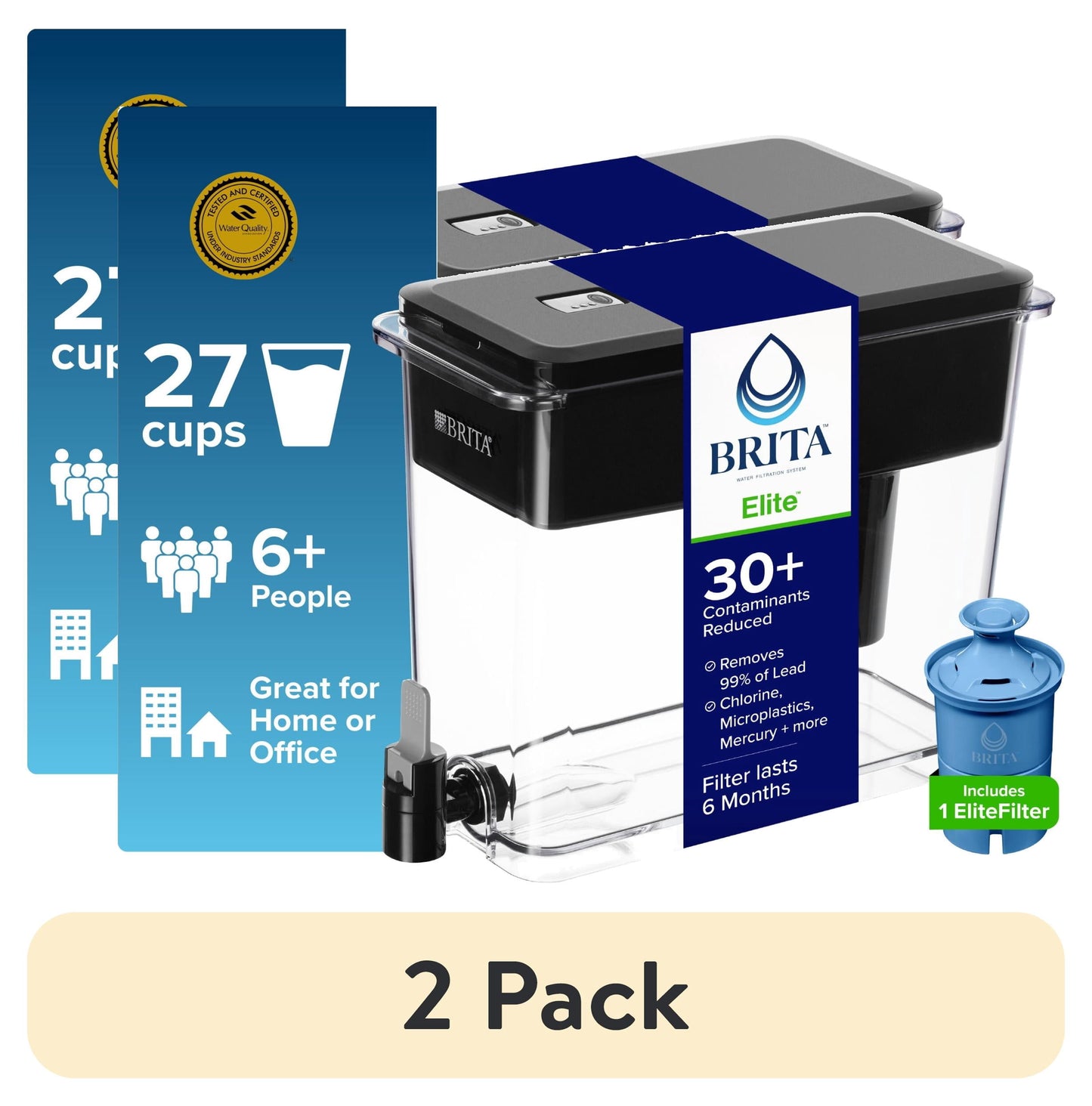 (2 pack) Brita 27 Cup Plastic Water Filtration Dispenser, Black, 1 Elite Brita Filter, Reduces Lead