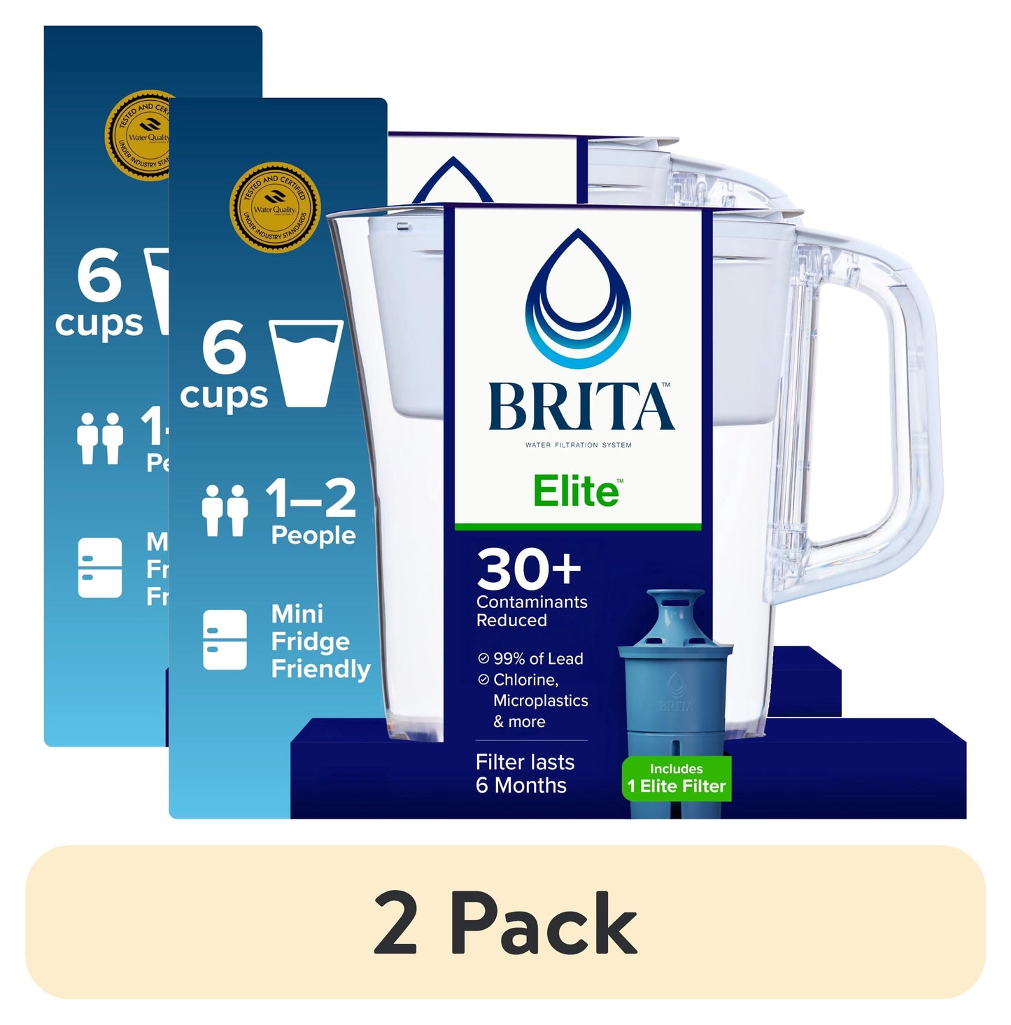 (2 pack) Brita Elite 6-Cup, White Plastic Water Filtration Pitcher, Reduces Lead