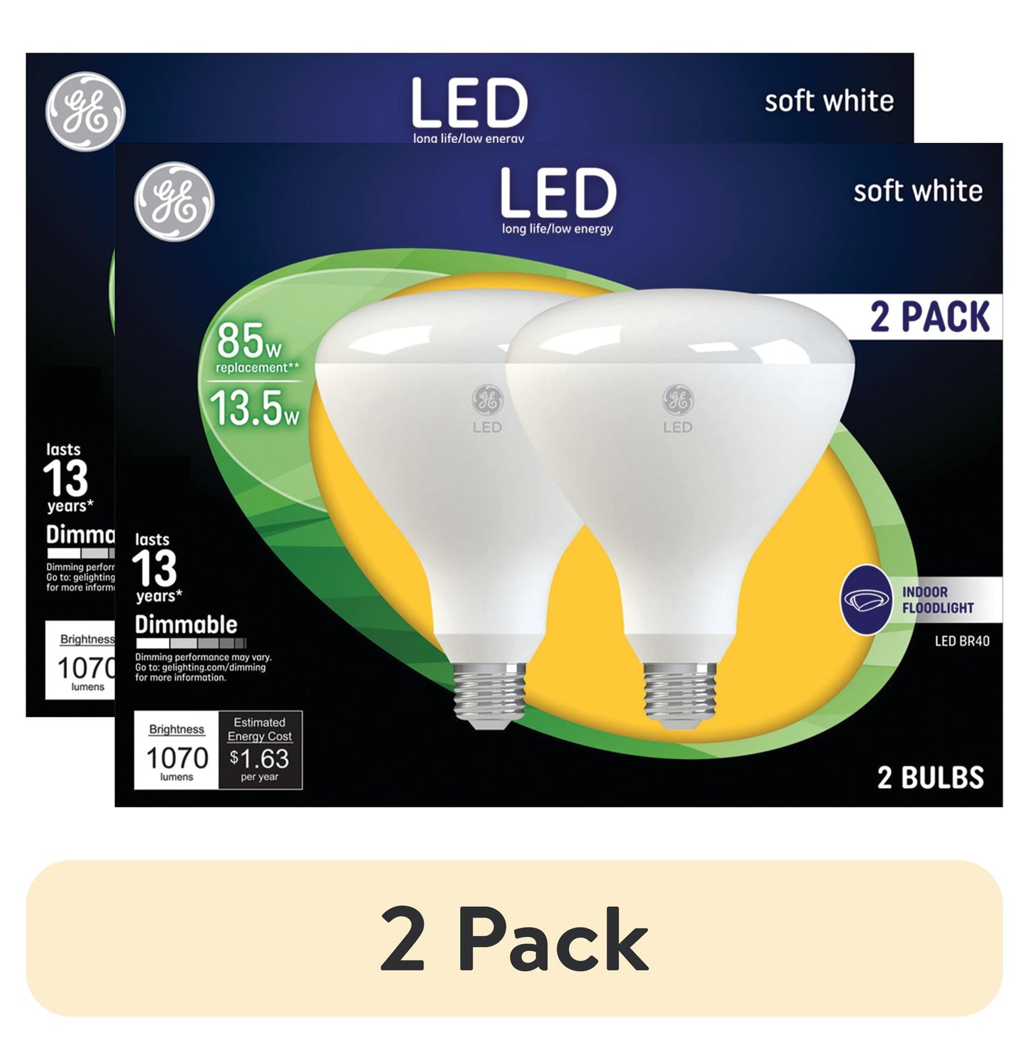 (2 pack) GE LED Light Bulbs, 85 Watt, Soft White, BR40 Floodlights, Medium Base, Frosted Finish, 13yr, 2pk