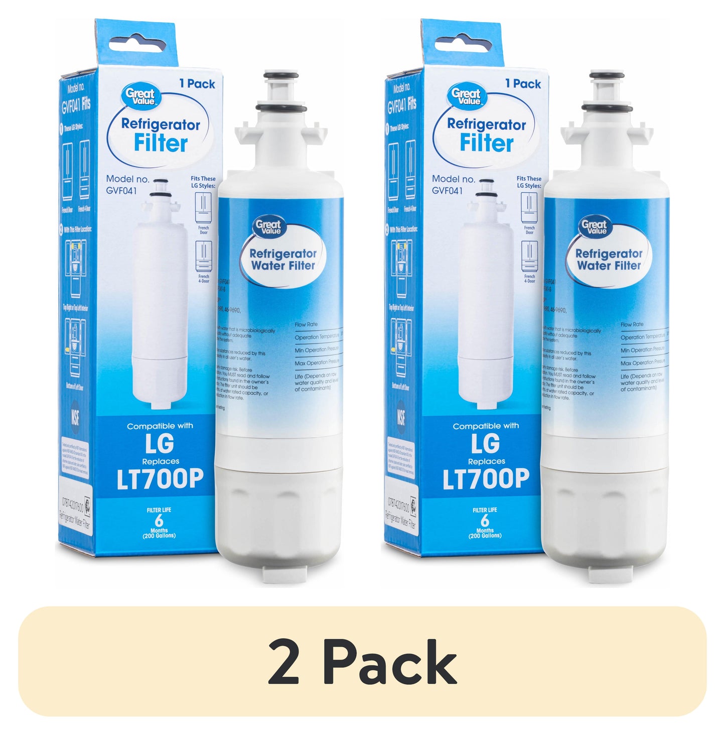 (2 pack) Great Value Replacement Refrigerator Water Filter, LG LT700P and Kenmore 46-9690, 1 Pack