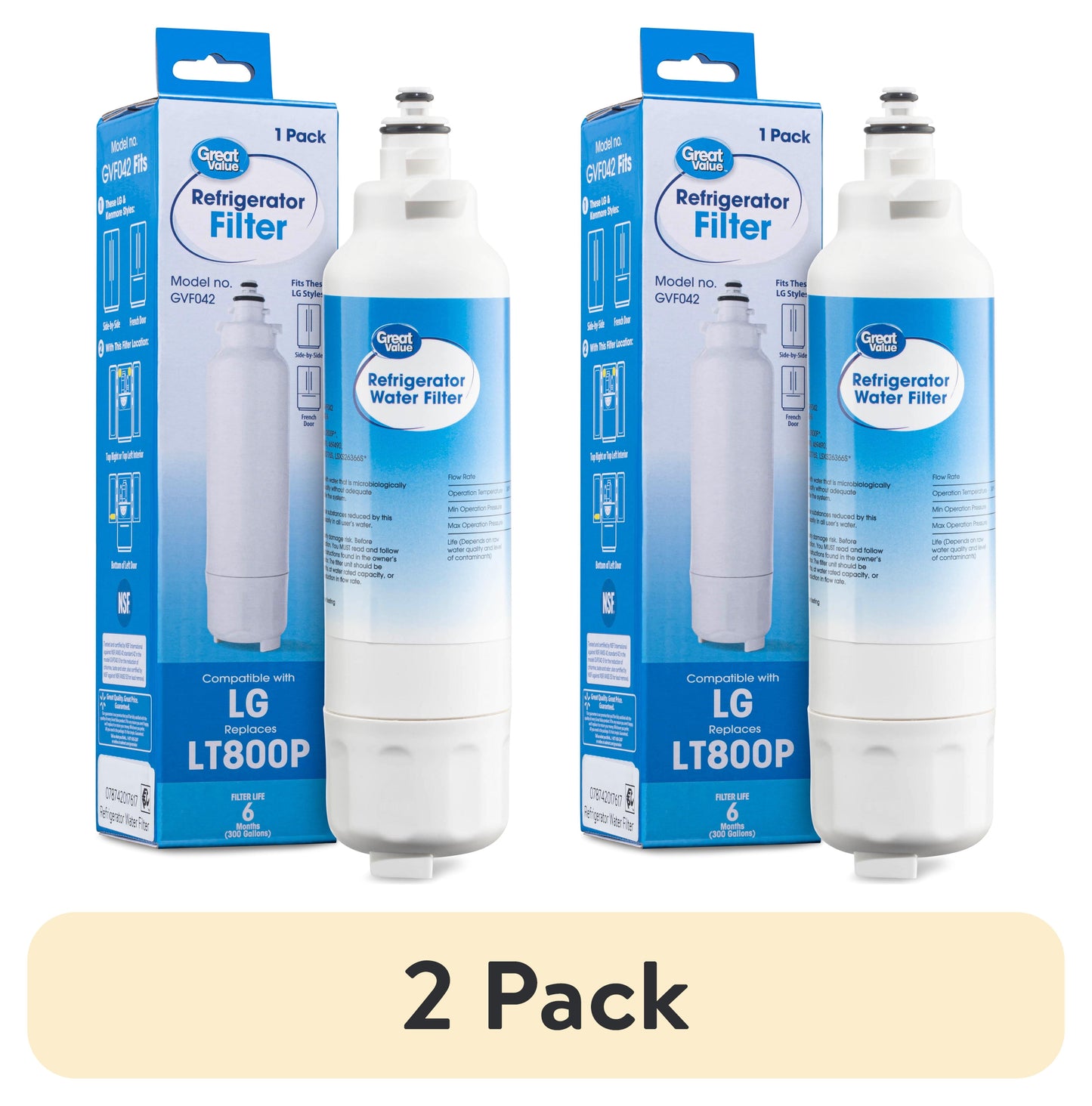 (2 pack) Great Value Replacement Refrigerator Water Filter, LG LT800P and Kenmore 9490, 1 Pack