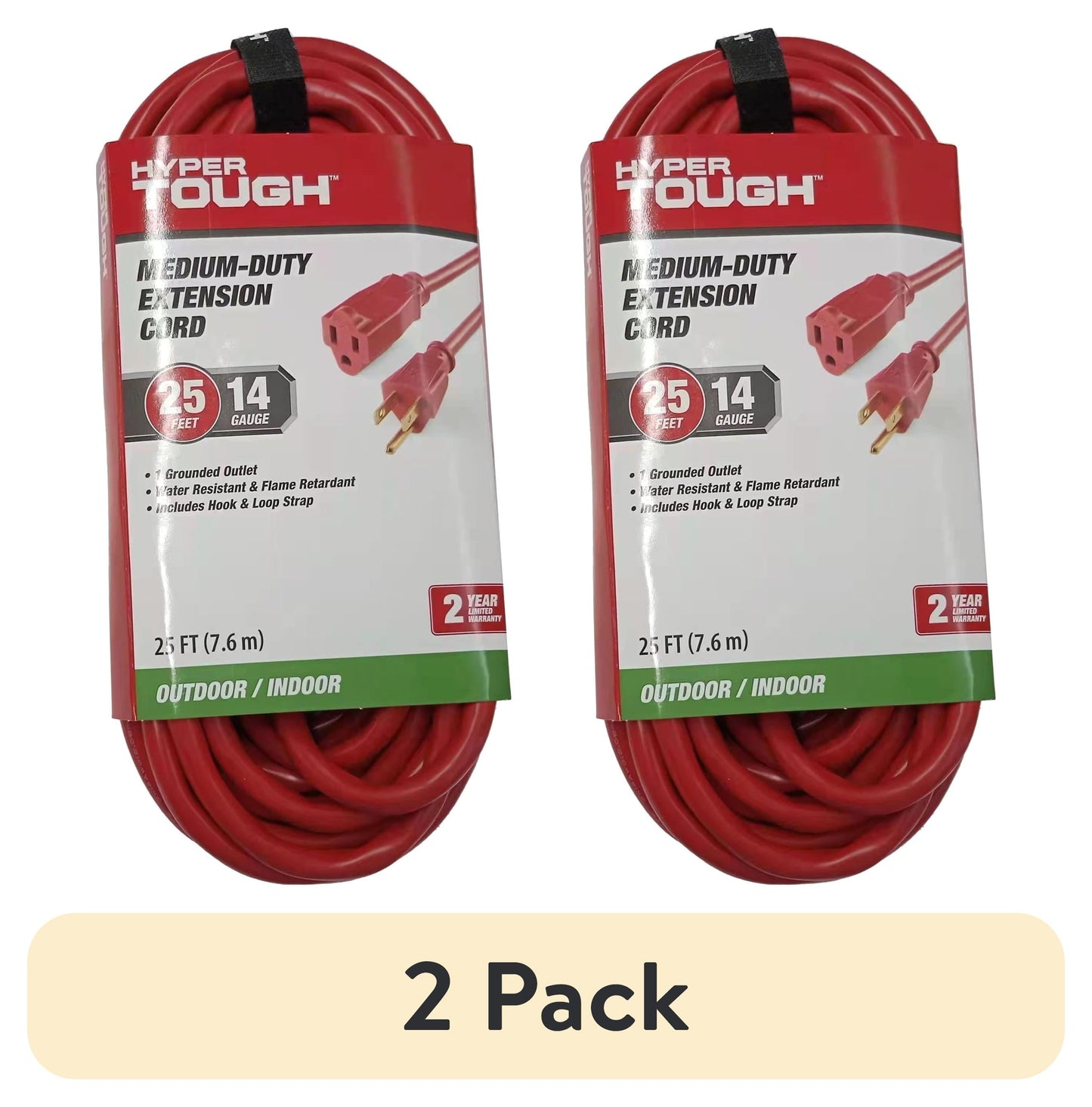(2 pack) Hyper Tough 25FT 14AWG 3 Prong Red Extension Cord for Indoor and Outdoor Use, 15 Amps