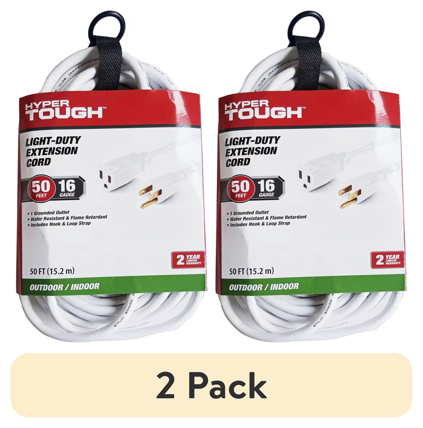 (2 pack) Hyper Tough Cable de Extensión para Exteriores de 50FT 16AWG con 3 Clavijas, Blanco, un Solo Tomacorriente, 125V, 13A