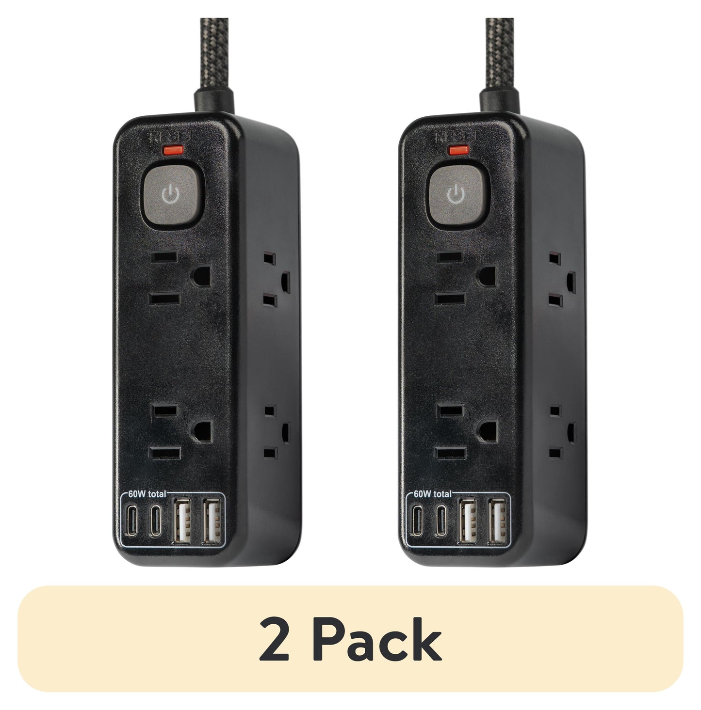 (2 pack) Hyper Tough 6ft Extension Cord Power Strip with 6 Outlets, USB-A & USB-C, 900J Surge Protector, Black