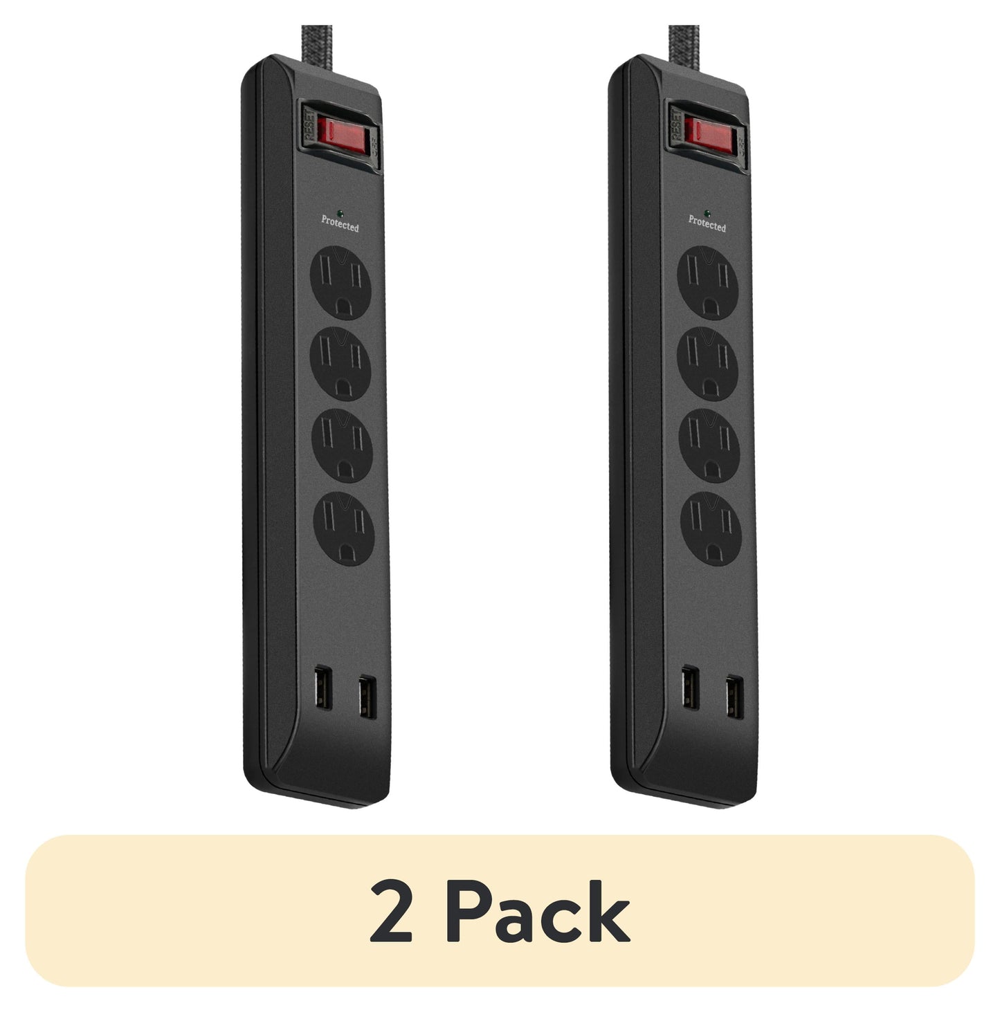 (2 pack) Hyper Tough Surge Protector Power Strip with USB, 4 Outlets, 10 ft Braided Extension Cord, Black