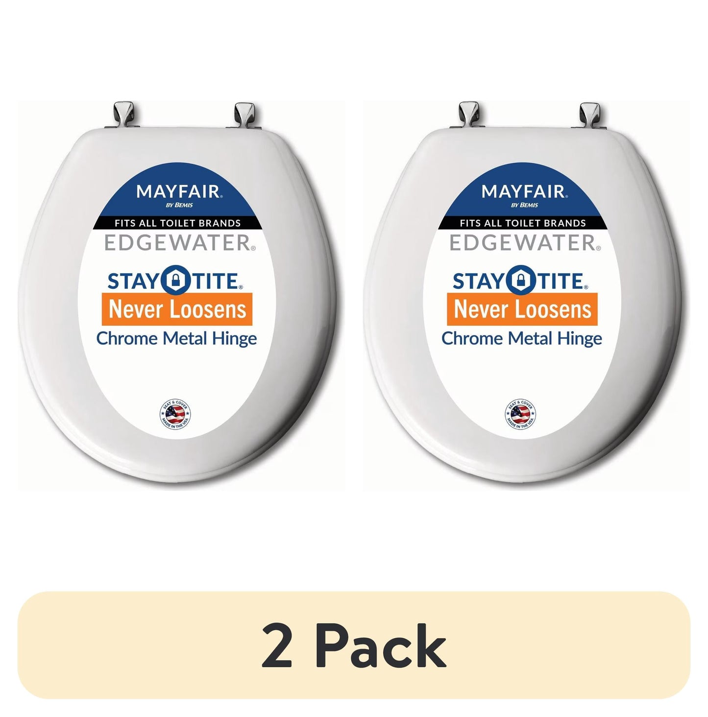 (2 pack) Mayfair Edgewater® Round Enameled Wood Toilet Seat in White Never Loosens Chrome Metal Hinge
