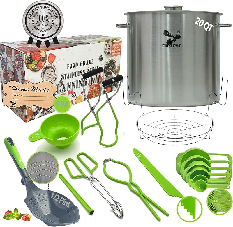 20 Qt. Stainless Steel Water Bath Canning Pot with Canning Supplies Starter Kit - Food Grade Canning Ladle, Measuring Cups,Funnel,Tongs,Jar Lifter& Wrench,Lid Lifter,Bubble Popper, 90x Labels