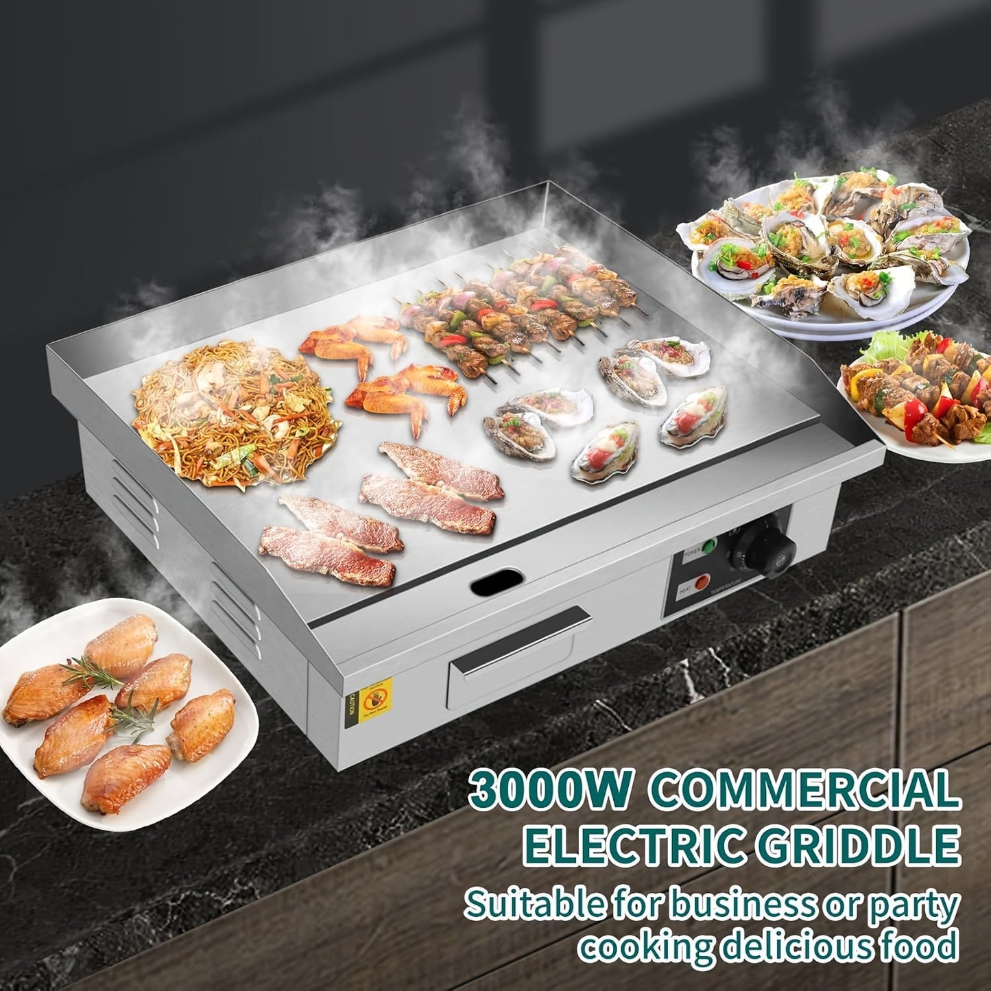 22" Commercial Electric Griddle, 110V 3000W Electric Countertop Griddle, Flat Top Hot Plate, Nonstick Stainless Steel Teppanyaki Grill, BBQ Restaurant Grill, Adjustable Temperature Control