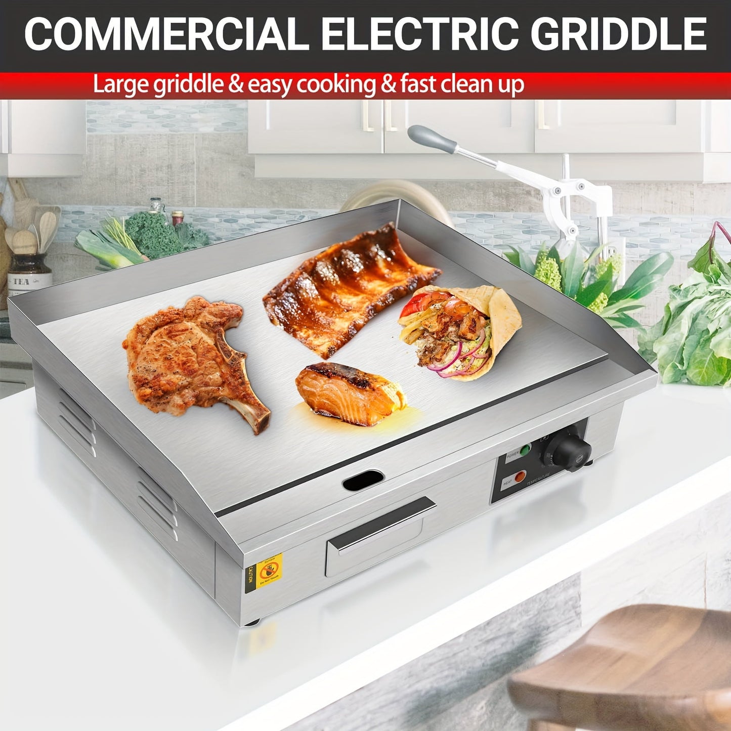 22" Electric Countertop Flat Top Griddle 1600W 110V, Commercial Electric Griddle, Non-Stick Restaurant Teppanyaki Grill, Stainless Steel Adjustable Temperature Control