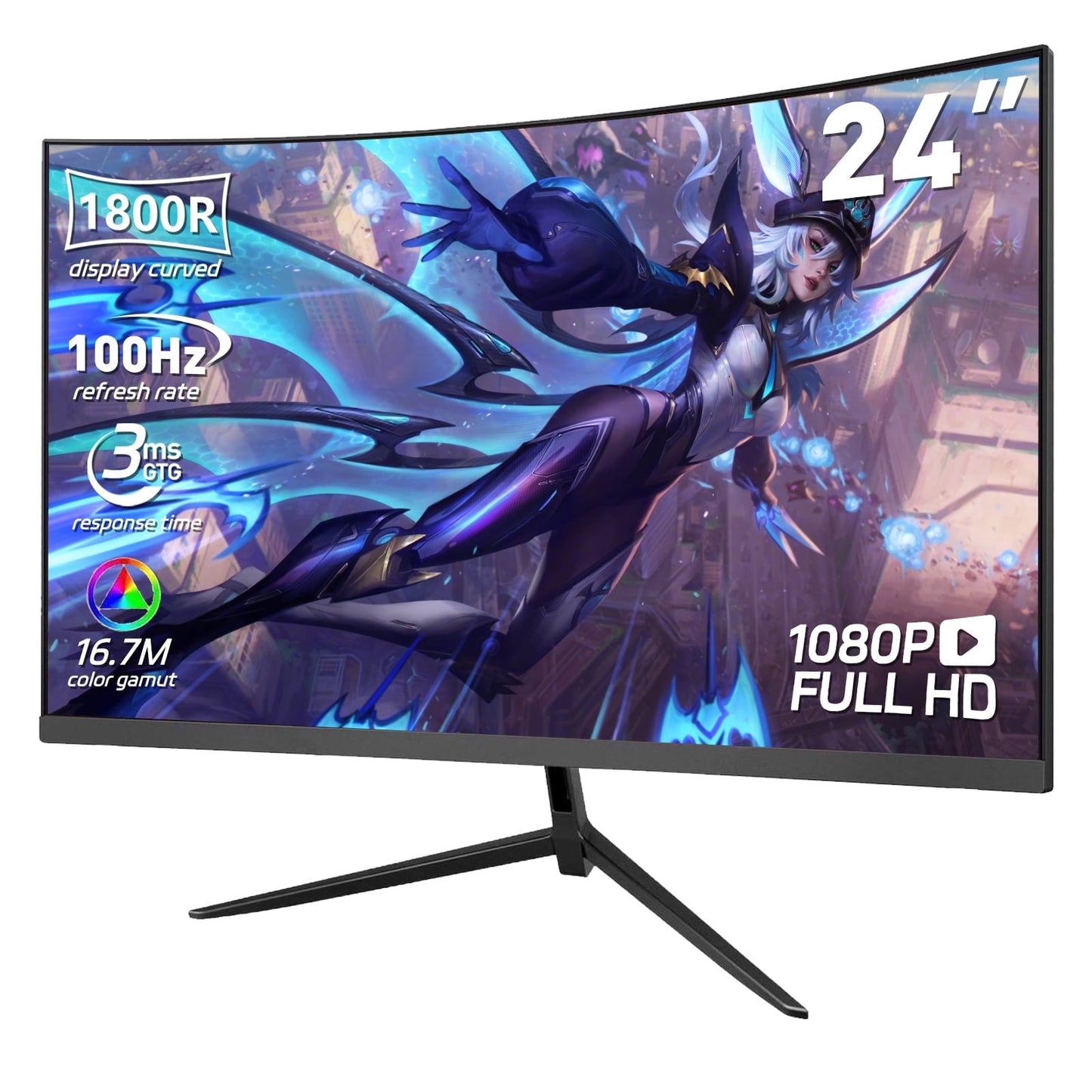 REHISK 24-Inch Curved Gaming Monitor 100Hz Full HD 1080P Built-In Speakers Tilt Adjustable