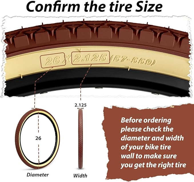 26x2.12 Cruiser Bike Tires: 2-Pack 26 Inch Folding Tires with Pair Bike Tubes & Tire Levers Replacement Set for Beach Cruiser and Urban Commuting Bicycle