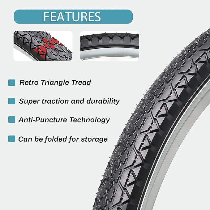 26x2.125 Cruiser Bike Tires Set: 1-Pack 26-inch Premium Butyl Rubber Puncture-Resistant Folding Replacement Bicycle Tires for Beach Cruiser and Urban Commuting Bicycle