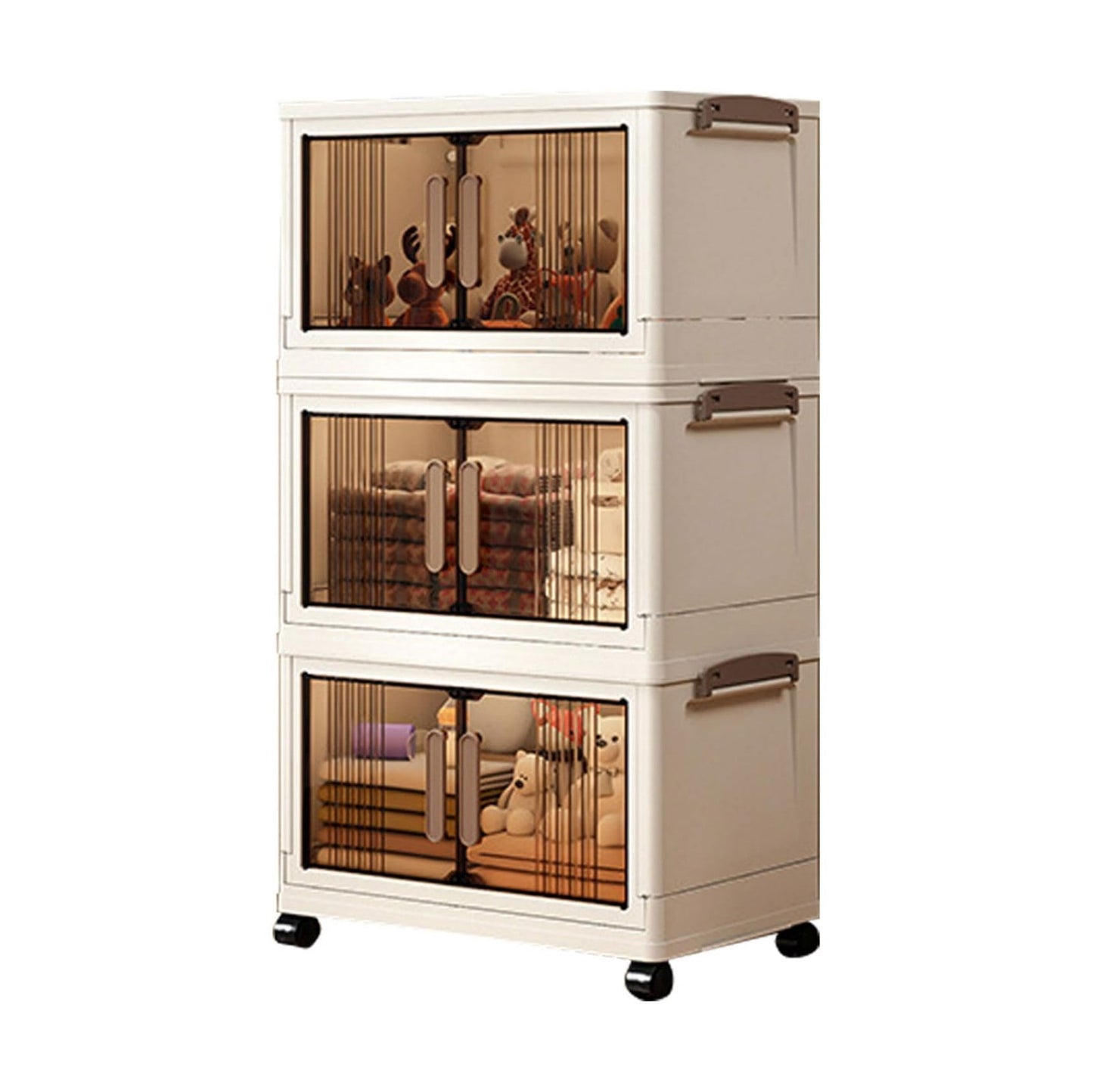 28"H Stackable Storage Cabinet with Doors & Wheels, Adjustable 3 Tier Plastic Organizer Bin for Home, Office, Garage Storage, White