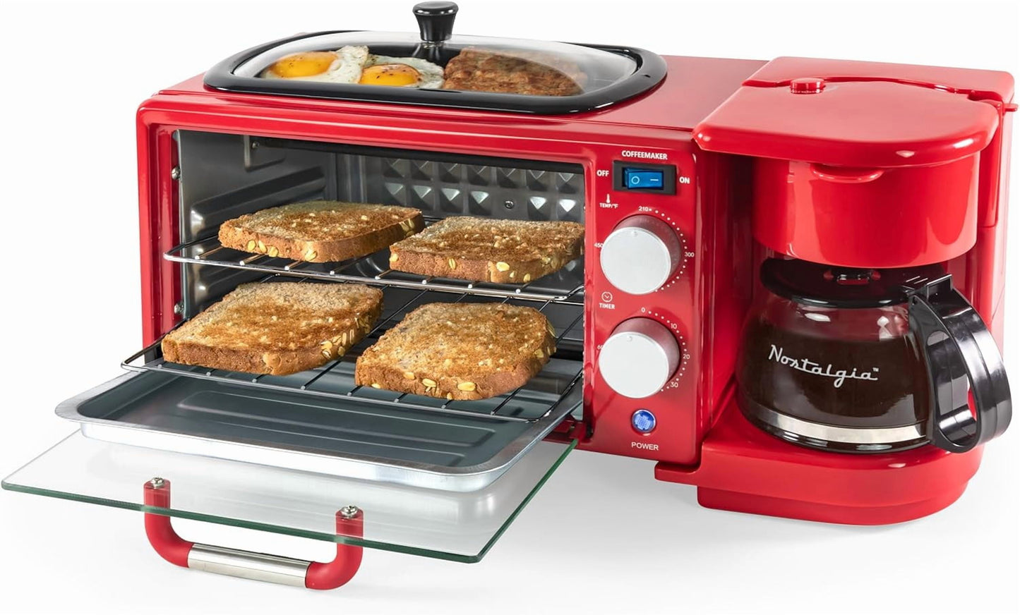 3-in-1 Retro Breakfast Station - Includes 5 Cup Coffee Maker, Non-Stick Ceramic Griddle, and 4-Slice Toaster Oven - Built-In Tim