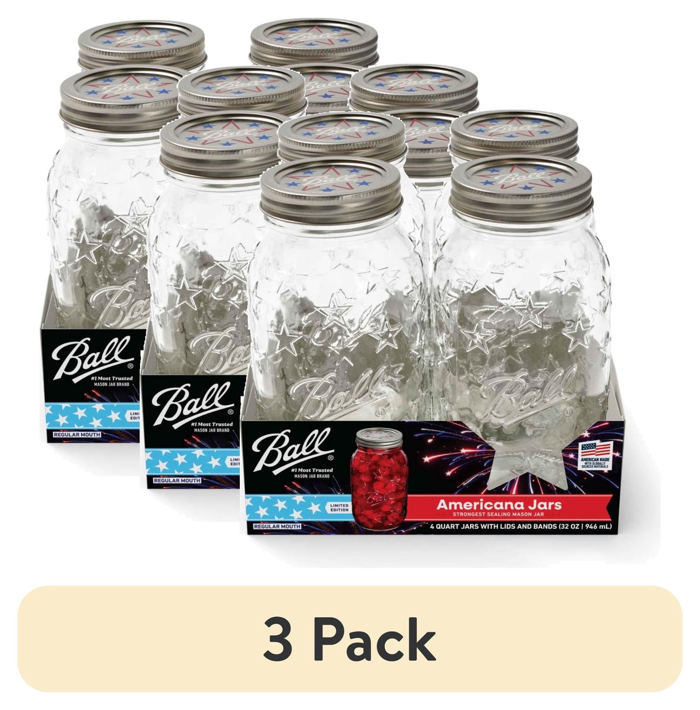 Ball 32 oz Limited Edition Americana Mason Jars, Regular Mouth Quart Canning Jars with Lids and Rings, 4-Pack Large Glass Jars for Home Canning and Preserving