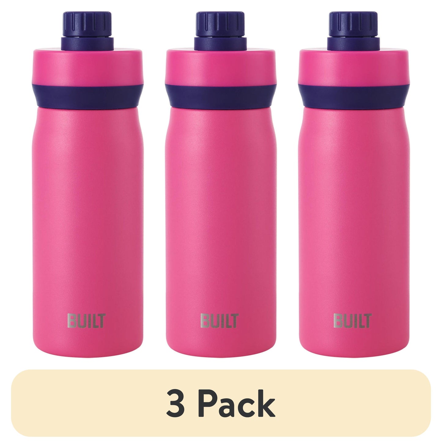 (3 pack) BUILT Cascade 16 oz Stainless Steel Kids Water Bottle with Leakproof Flip-Top Chug Lid, Dark Blue