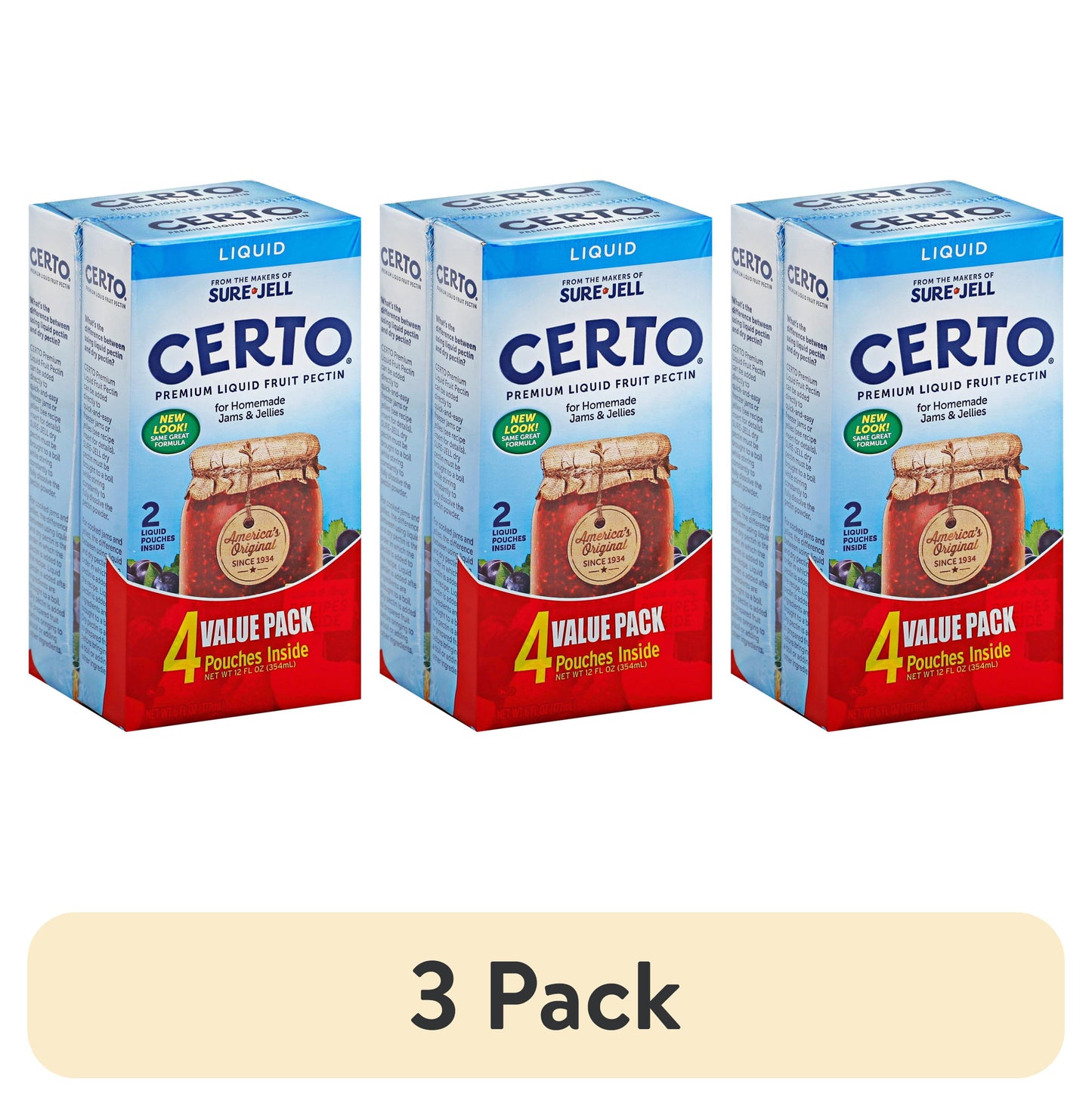 (3 pack) Certo Premium Liquid Fruit Pectin for Homemade Jams and Jellies, Canning Pectin for Cooked and Freezer Preserves, 6 fl oz Pouches, 4-Count Value Pack