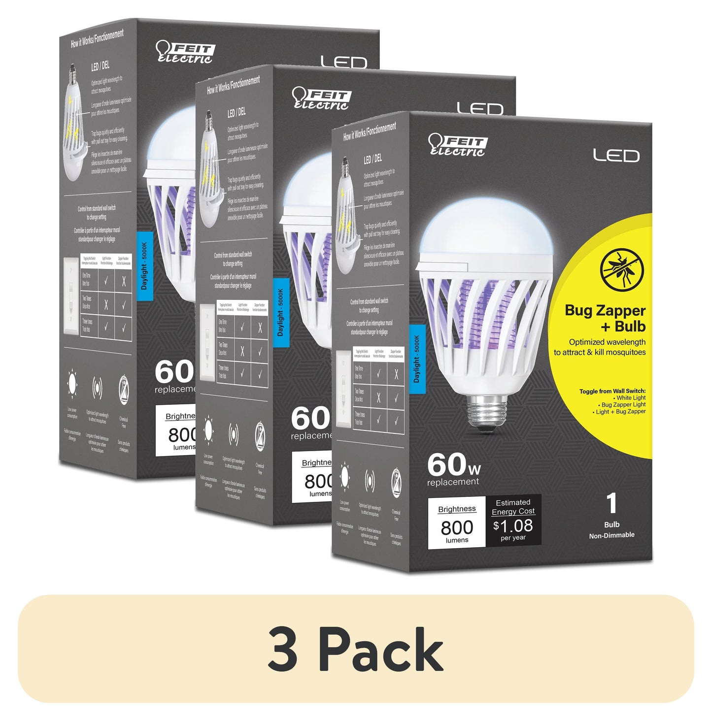 (Paquete de 3) Bombilla LED Feit Electric 9W (Equivalente a 60W) Luz de DÃa (5000K), Bombilla Bug Zapper, Forma de Cilindro, Base Mediana E26, No Regulable