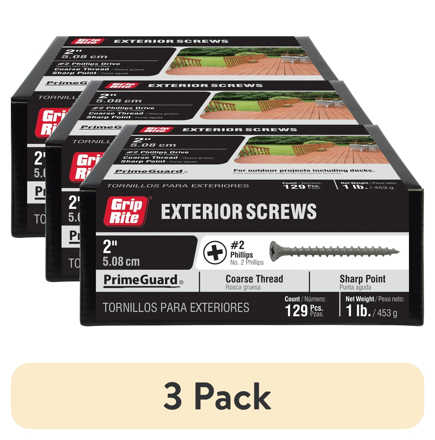 (3 pack) Grip-Rite Primeguard Ten #6 x 2 in. Wood to Wood Deck Screw 1 lb.