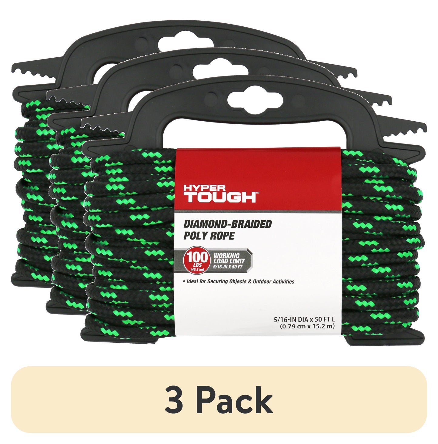 (2 pack) Hyper Tough 5/16†Diamond Braided Polypropylene Rope 50 feet, Black and Green