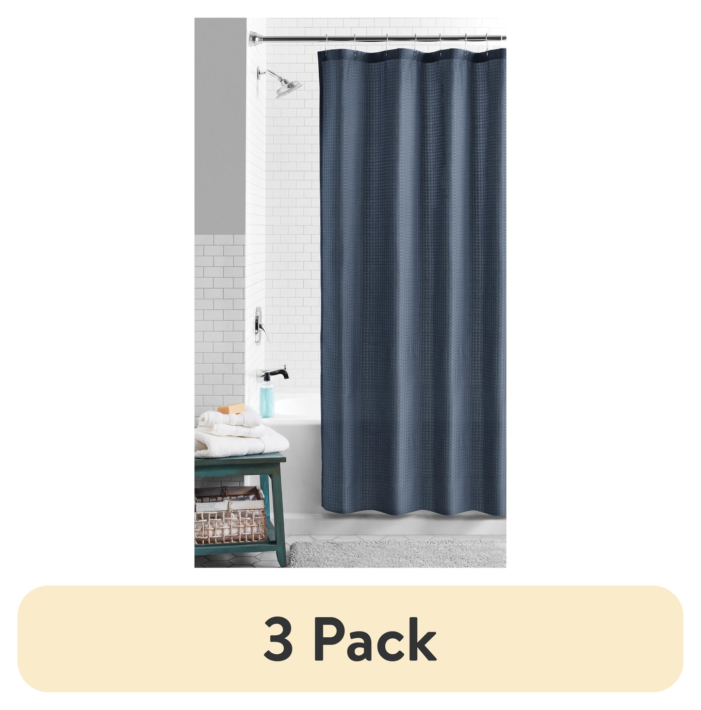 (3 pack) Mainstays Eco-Friendly Waffle-Weave Fabric Shower Curtain, Recycled Polyester, 72†x 72â€, Navy Blue