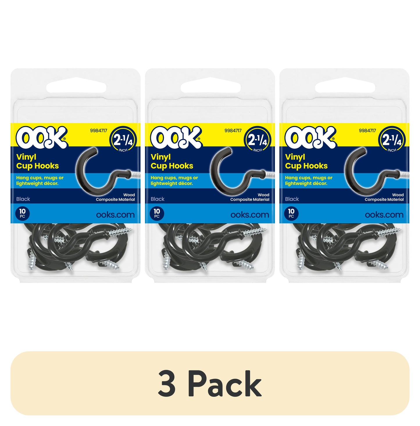 (3 pack) Ook Cup Hooks, 2-1/4", 0.5 lbs, Screw Hooks, Steel, Black Vinyl, 10 pack
