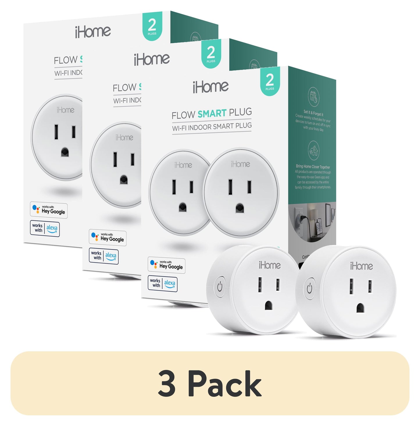 (3 pack) iHome Smart Plug, 10A Wi-Fi Outlet, Works with Alexa & Google Home, App Control, Timer, White, 2-Pack