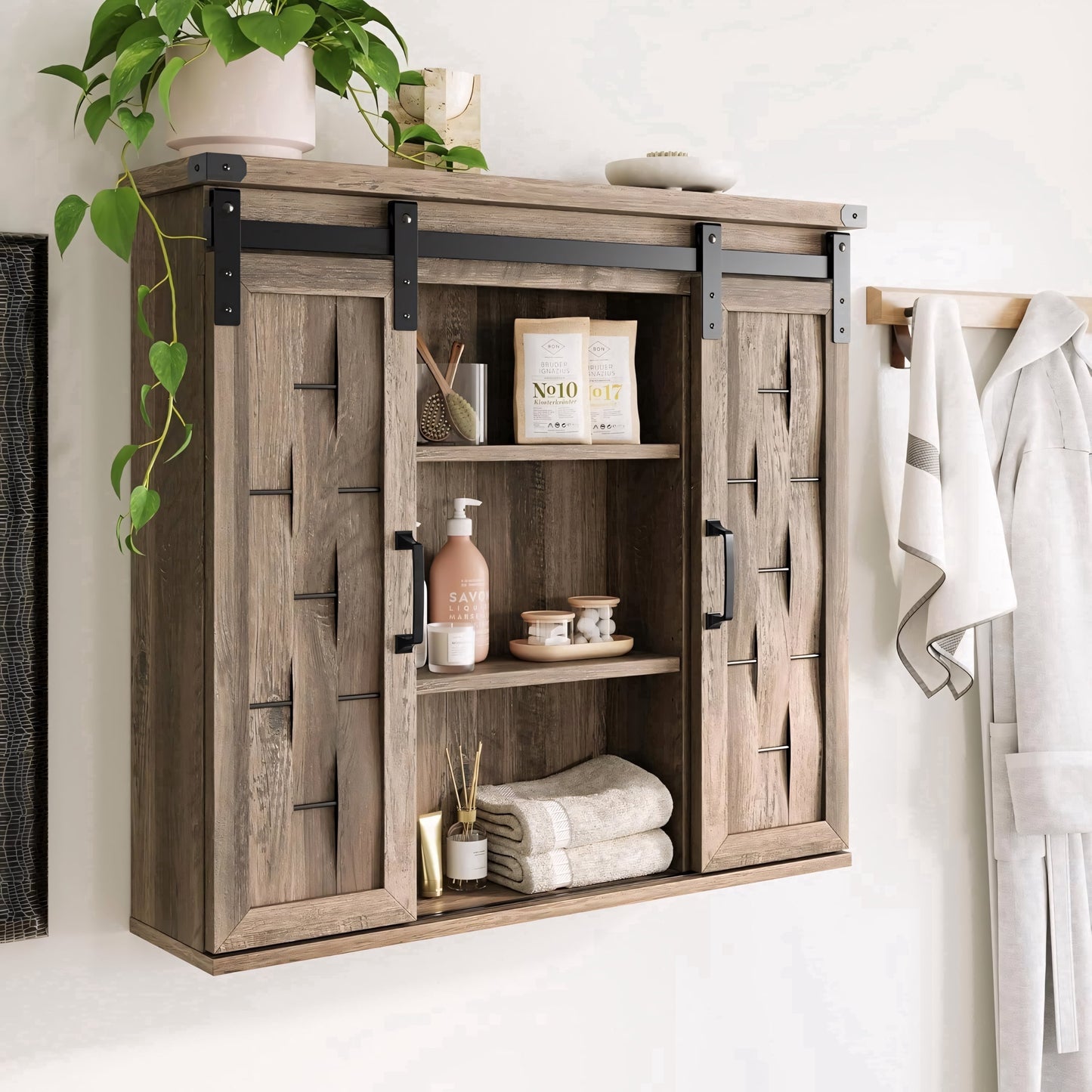 Caffoz 31 Inch Farmhouse Sliding Barn Door Medicine Cabinet Adjustable Shelves Light Brown
