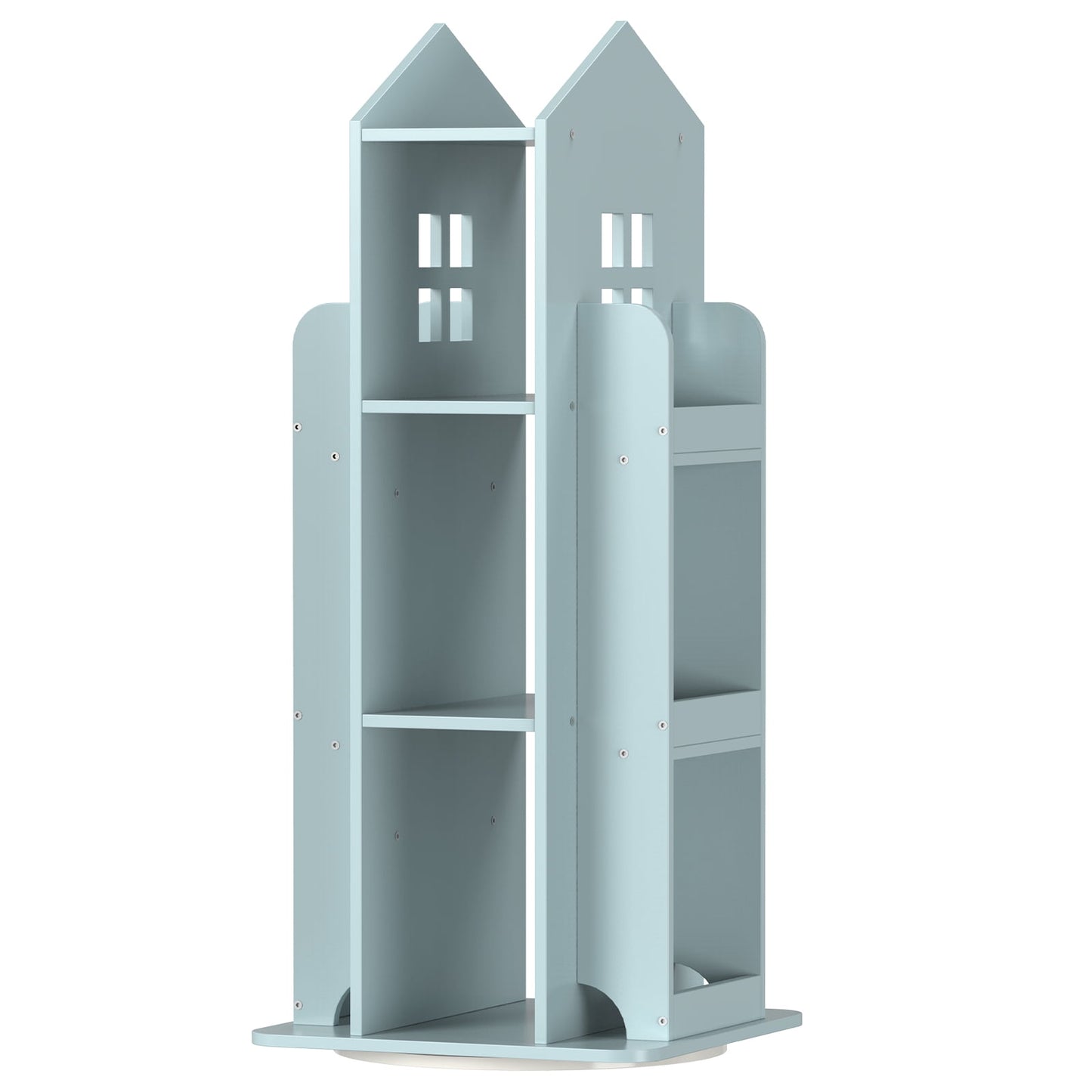 360° Rotating Kids Bookshelf, Blue Engineered Wood House-Shaped Bookcase, 38in Tall Storage Organizer for Bedroom, Playroom, Living Room