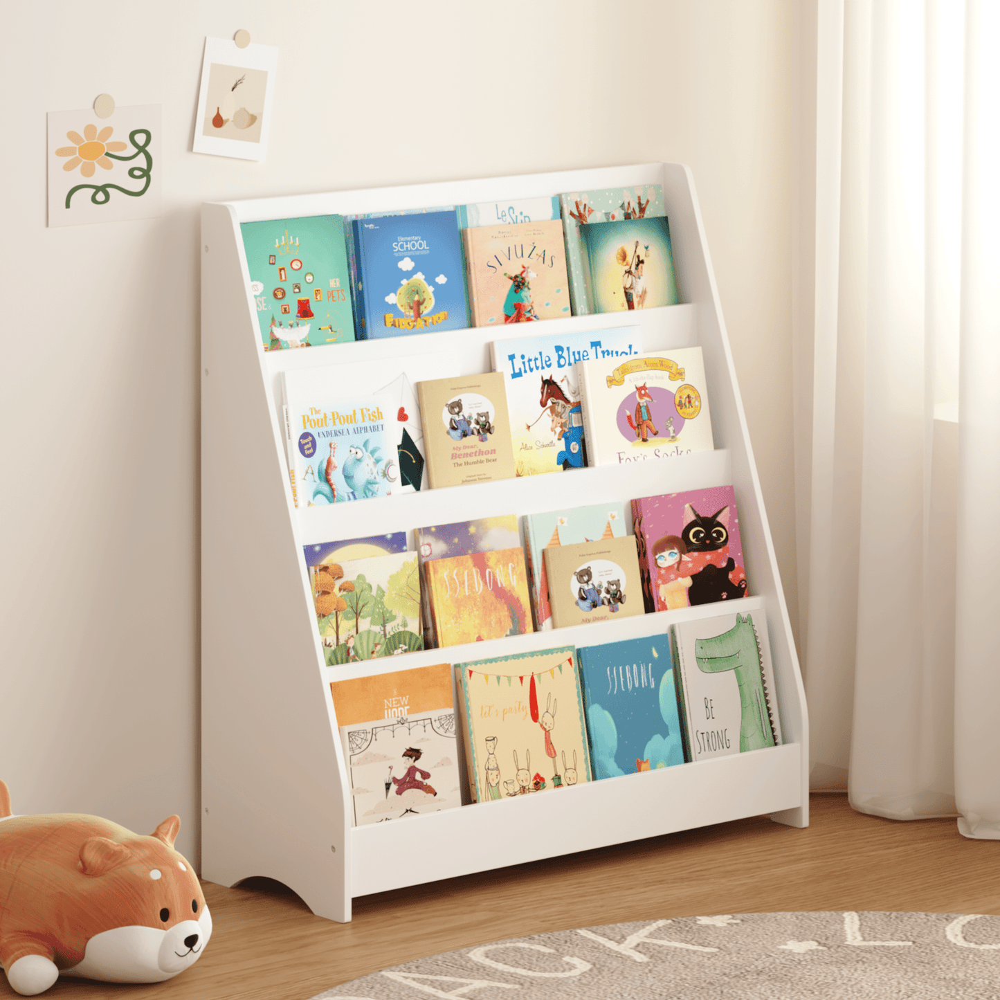 4-Tier White Kids Bookshelf, Toddler Book Display Shelf, Toy & Book Organizer for Bedroom Playroom Classroom