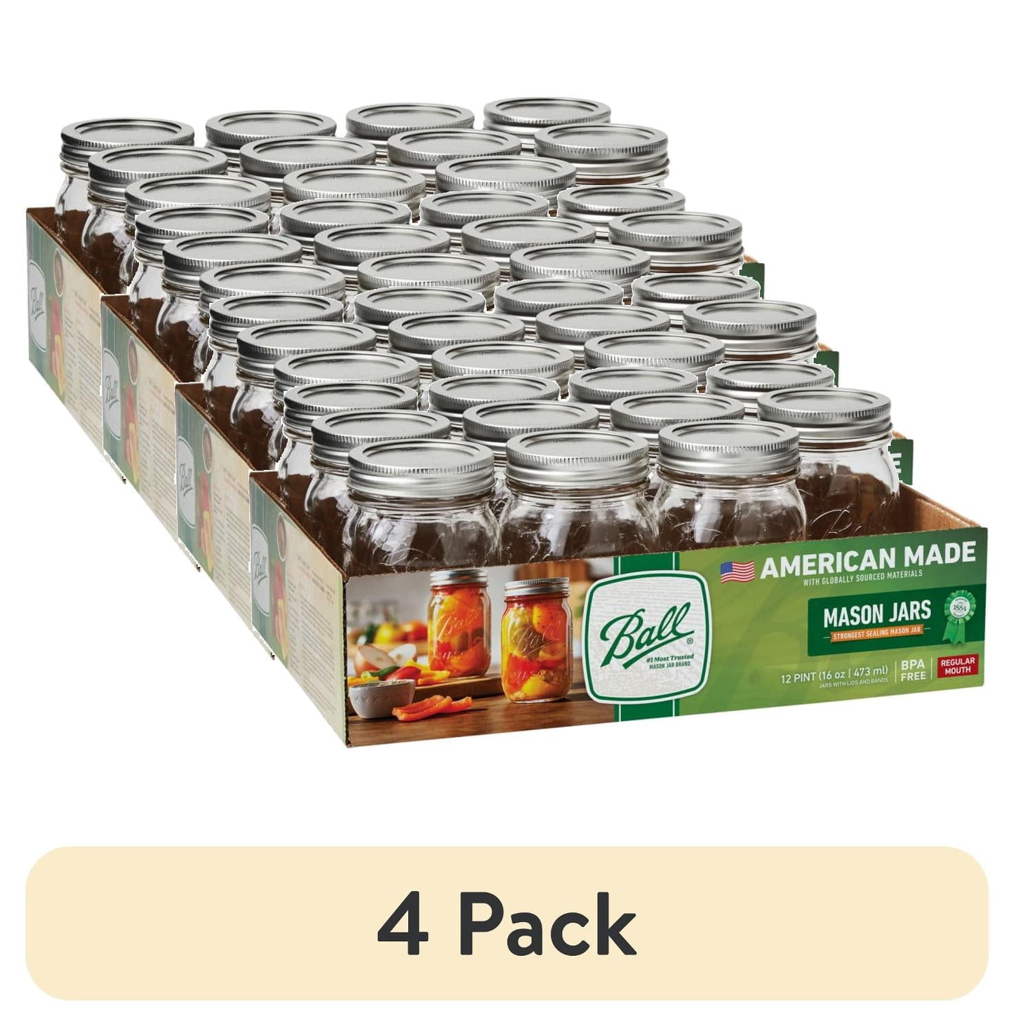 (4 pack) Ball Regular Mouth 16oz Pint Mason Jars with Lids & Bands, 12 Count