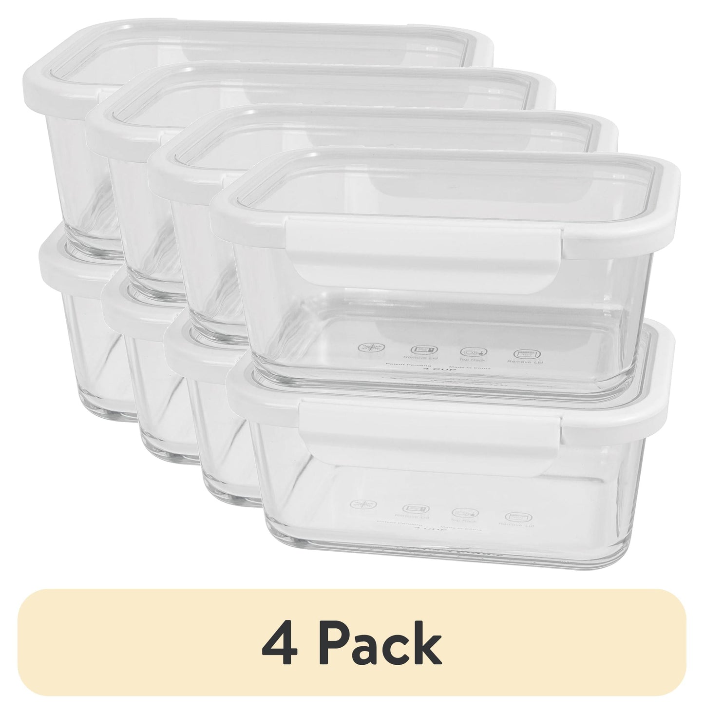 Better Homes & Gardens Contenedor Rectangular de Vidrio para Almacenamiento de Alimentos de 4 Tazas con Tapa de Tritán. Juego de 2, 4 Piezas, Diseñado para Ayudar con el Almacenamiento de la Despensa y la Organización Diaria