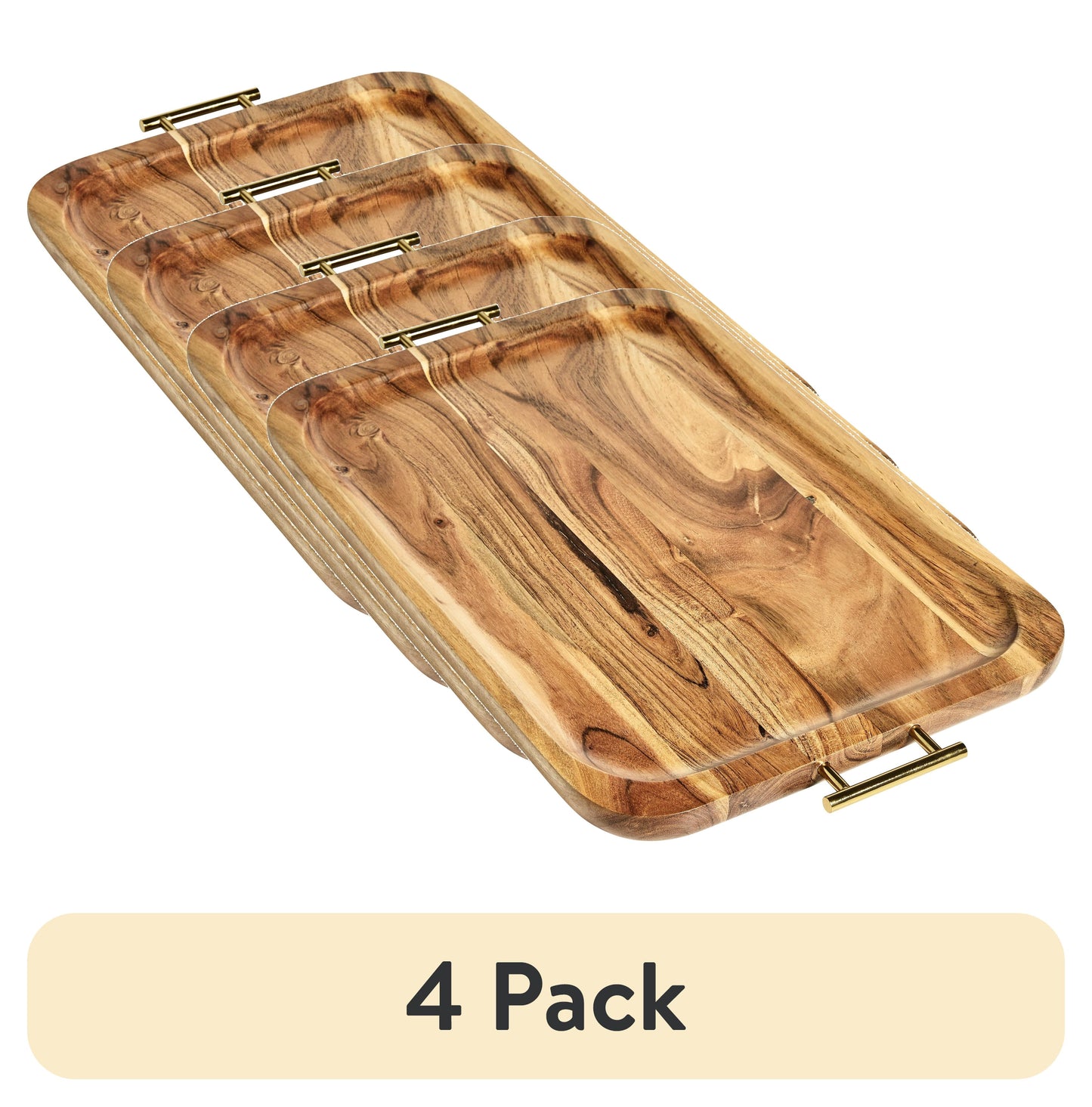 (4 pack) Better Homes & Gardens- Bandeja Rectangular de Madera de Acacia con Asas de Color Dorado, Talla Única
