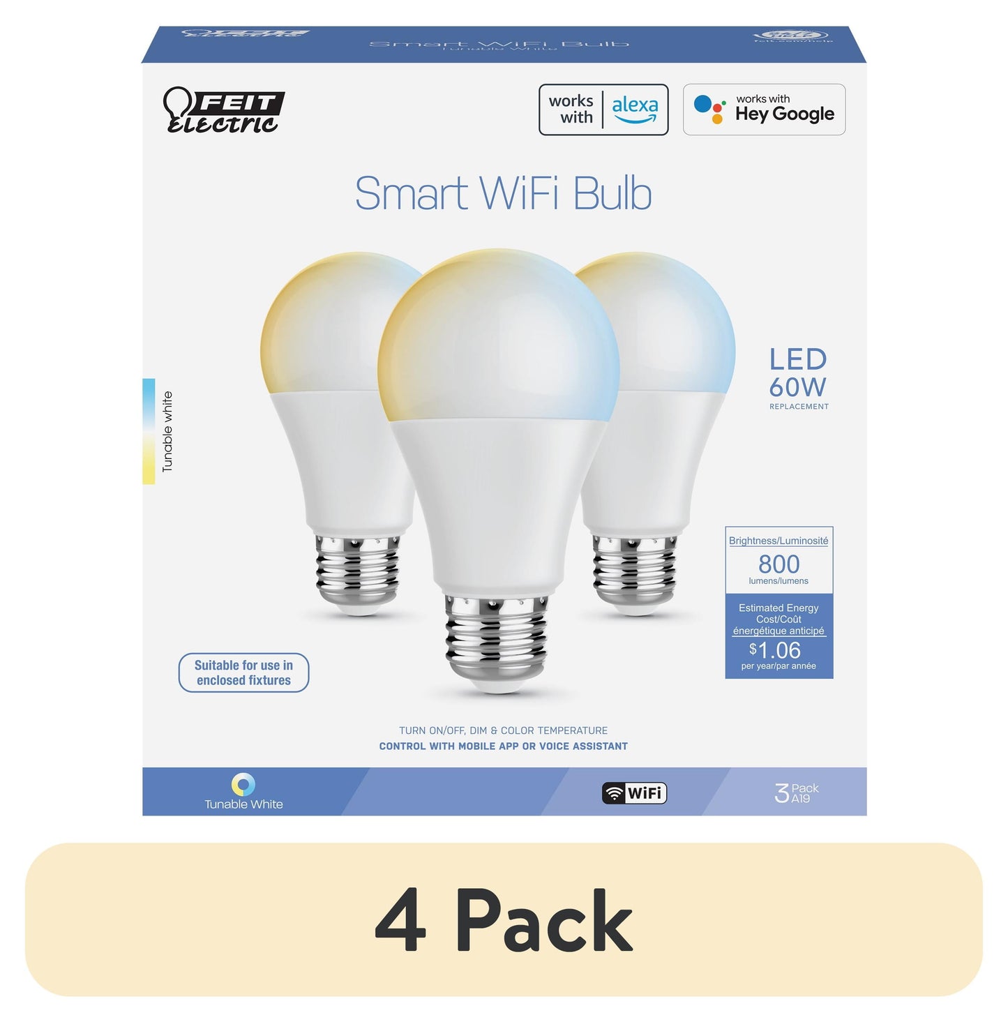 (4 pack) Feit Electric 8.8W (60W Replacement) Tunable White E26 Base A19 Smart WiFi LED Light Bulb (3-Pack)