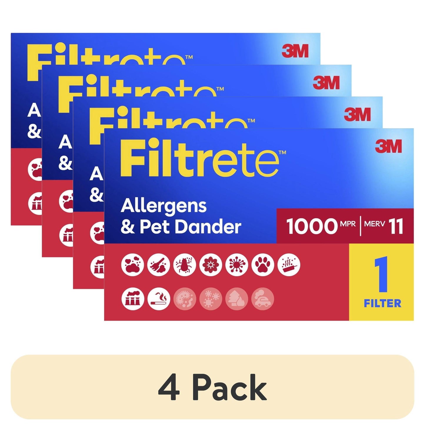 (4 pack) Filtrete 14x14x1 HVAC Furnace Air Filter, MPR 1000 MERV 11, Allergens & Pet Dander, 1 Filter