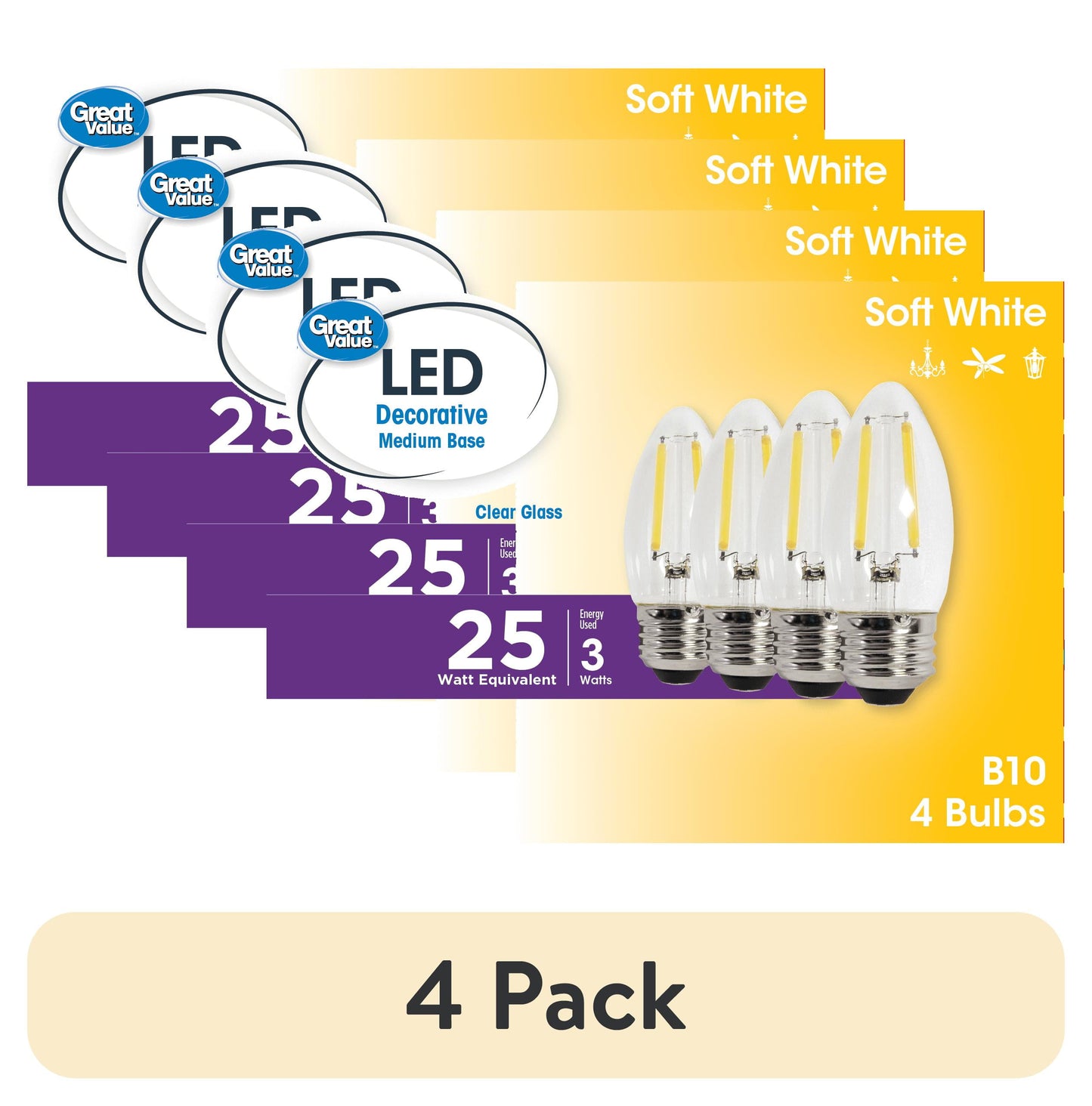 (4 pack) Great Value B10 LED 3W (25W Equivalent) Soft White E26 Medium Base Decorative Light Bulbs, Dimmable, 4 Pack